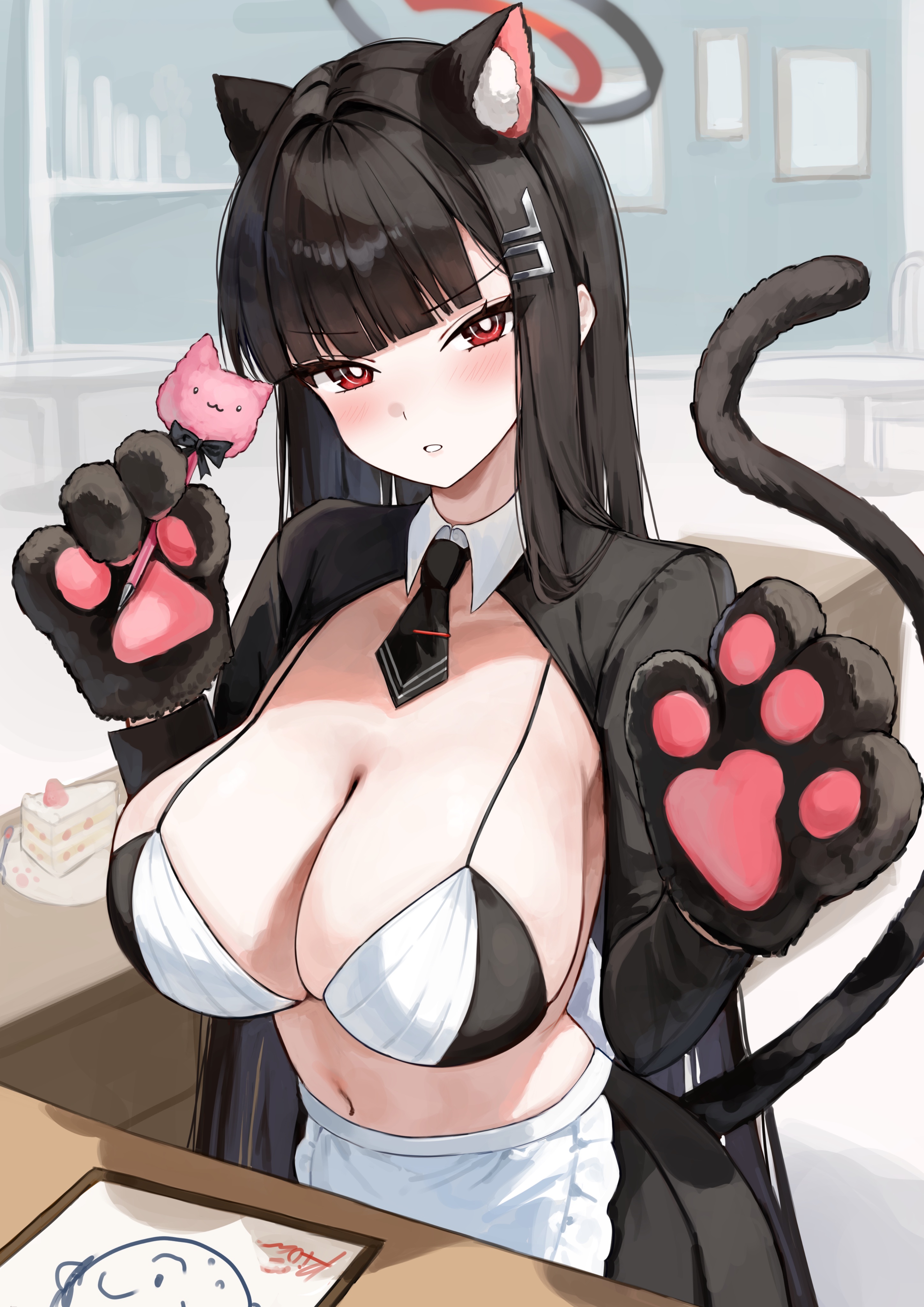 :o, 1girls, absurdres, alternate costume, animal ear fluff, animal ears, animal hands, apron, black gloves, black hair, black halo, black necktie, black shrug, black skirt, black tail, blue archive, blush, breasts, cake, cake slice, cat ears, cat tail, cleavage, doodle sensei (blue archive), female, food, frilled apron, frills, full body, gloves, halo, highres, holding, indoors, kemonomimi mode, large breasts, long hair, looking at viewer, multicolored halo, navel, necktie, pantyhose, paw gloves, ponya 0000, red eyes, red halo, rio (blue archive), sensei (blue archive), shrug (clothing), skirt, solo, stomach, tail, two-tone halo, very long hair, waist apron, white apron