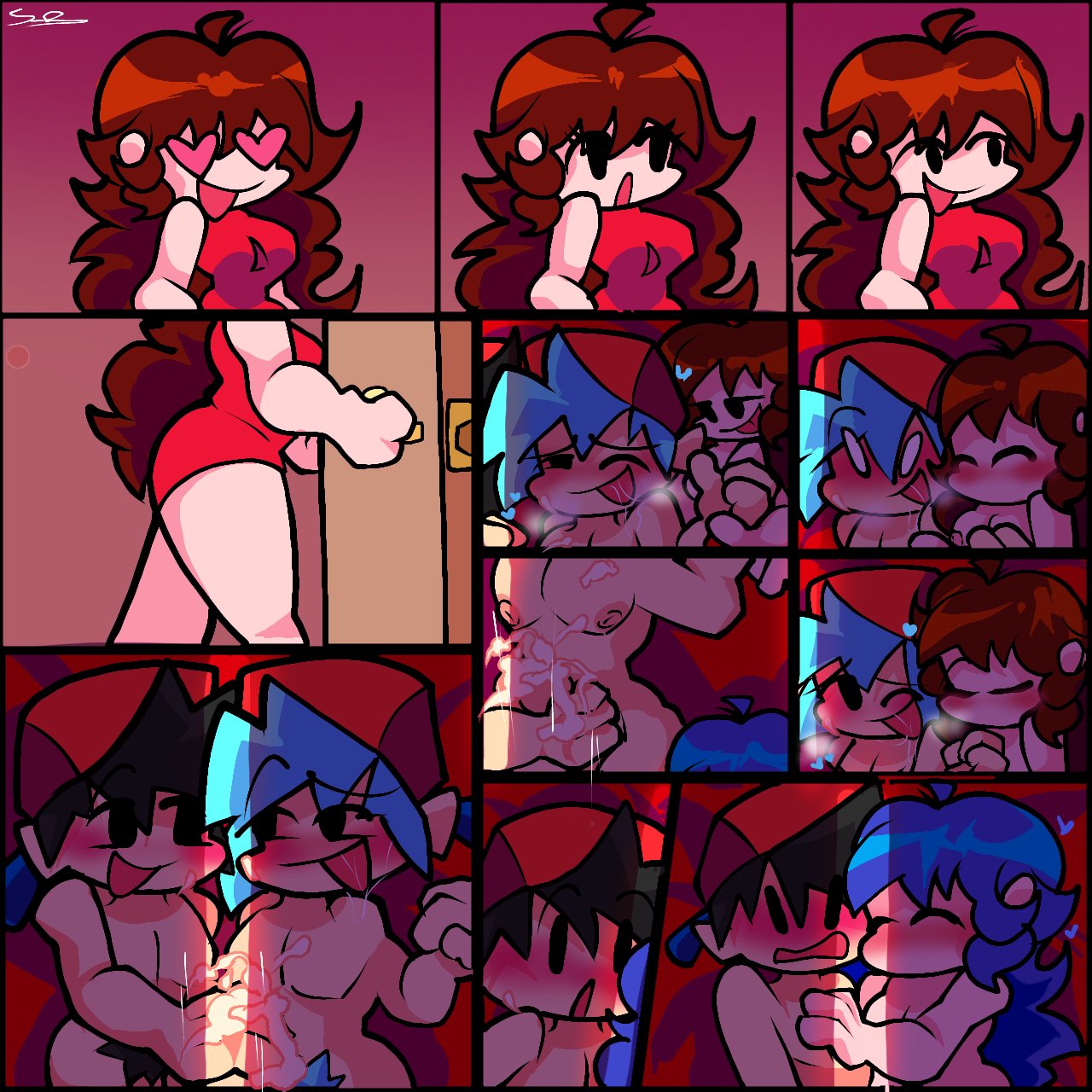 2boys, 2girls, aaron the black hair boy, bisexual, bisexual male, black eyes, black hair, blue hair, blush, boyfriend (friday night funkin), female, friday night funkin, girlfriend (friday night funkin), heart-shaped pupils, idonthavenoclu1, isouuup, male, naked, nipples, original character, red hair, sex, yaoi