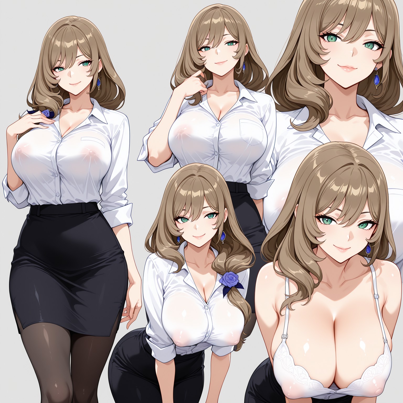 ai generated, ass, bra, breasts, covered nipples, female, genshin impact, hoyoverse, huge ass, huge breasts, lips, lisa (genshin impact), multiple views, office clothing, office lady, pencil skirt, shirt, thick thighs, unbuttoned shirt