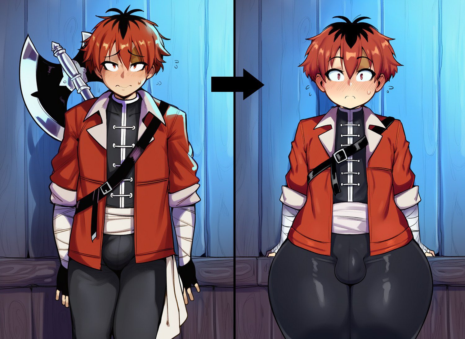 ai generated, ass bigger than head, big ass, body modification, clothed male, cute face, donbeboys, embarrassed, femboy, femenine male, fern (sousou no frieren), huge ass, male, red hair, sissy, sissyfication, sousou no frieren, stark (sousou no frieren), tagme, thick thighs, thighs, thighs together, transformation, wide hips