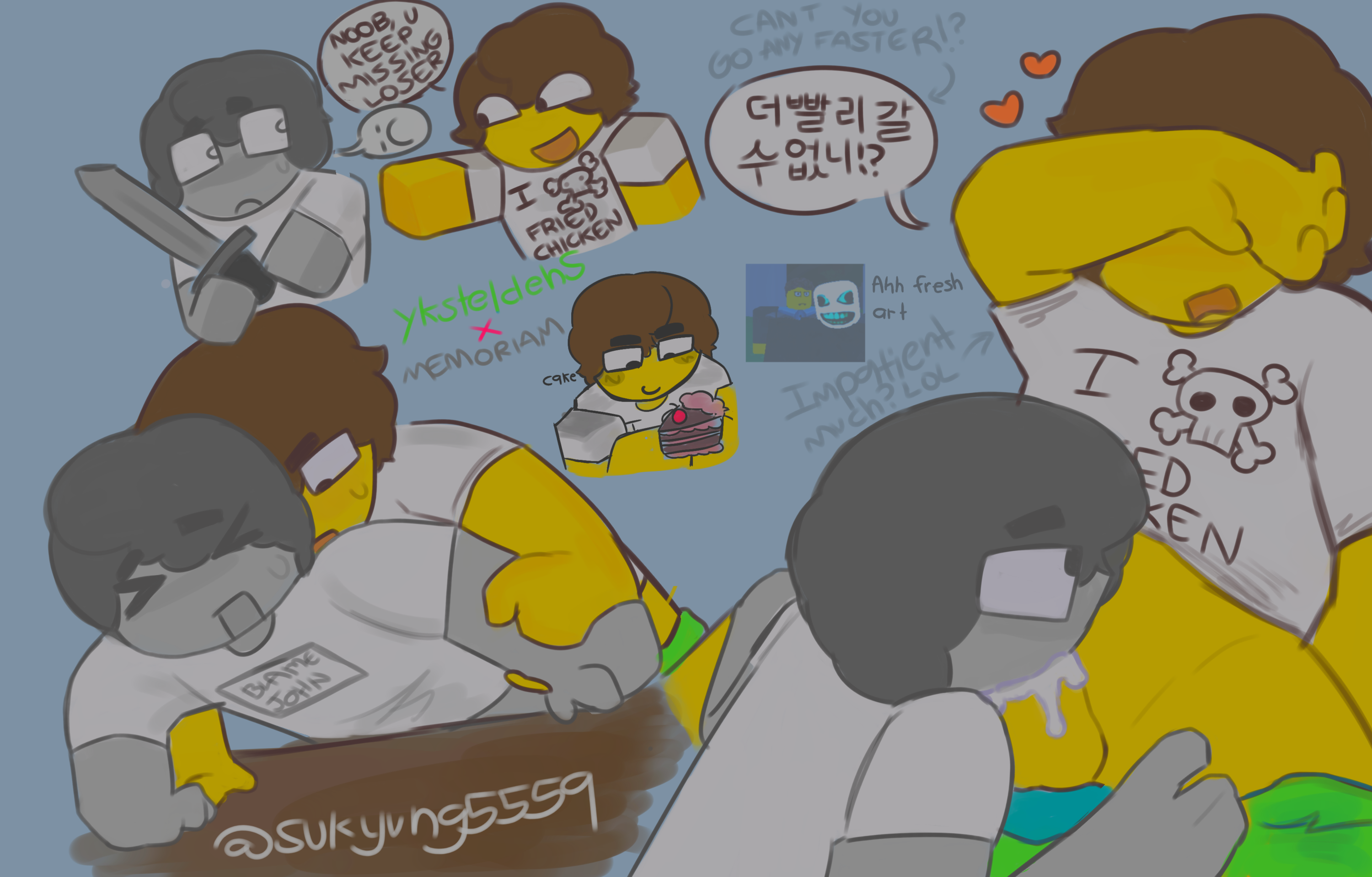 2boys, bent over, bent over table, blowjob, blue background, bottomless, bottomless male, brown hair, covering, covering eyes, cum, cum in mouth, cum overflow, cum overflowing, embarassed male, embarrassed, forsaken (roblox), gay, grey skin, heart, korean text, male, memoriam shedletsky, penis, roblox, roblox game, robloxian, self upload, selfcest, shedcest, shorts down, sucking penis, sukyung5559, table, tagme, text, text bubble, translated, watermark, yellow skin, yksteldehs, yksteldehs (forsaken)
