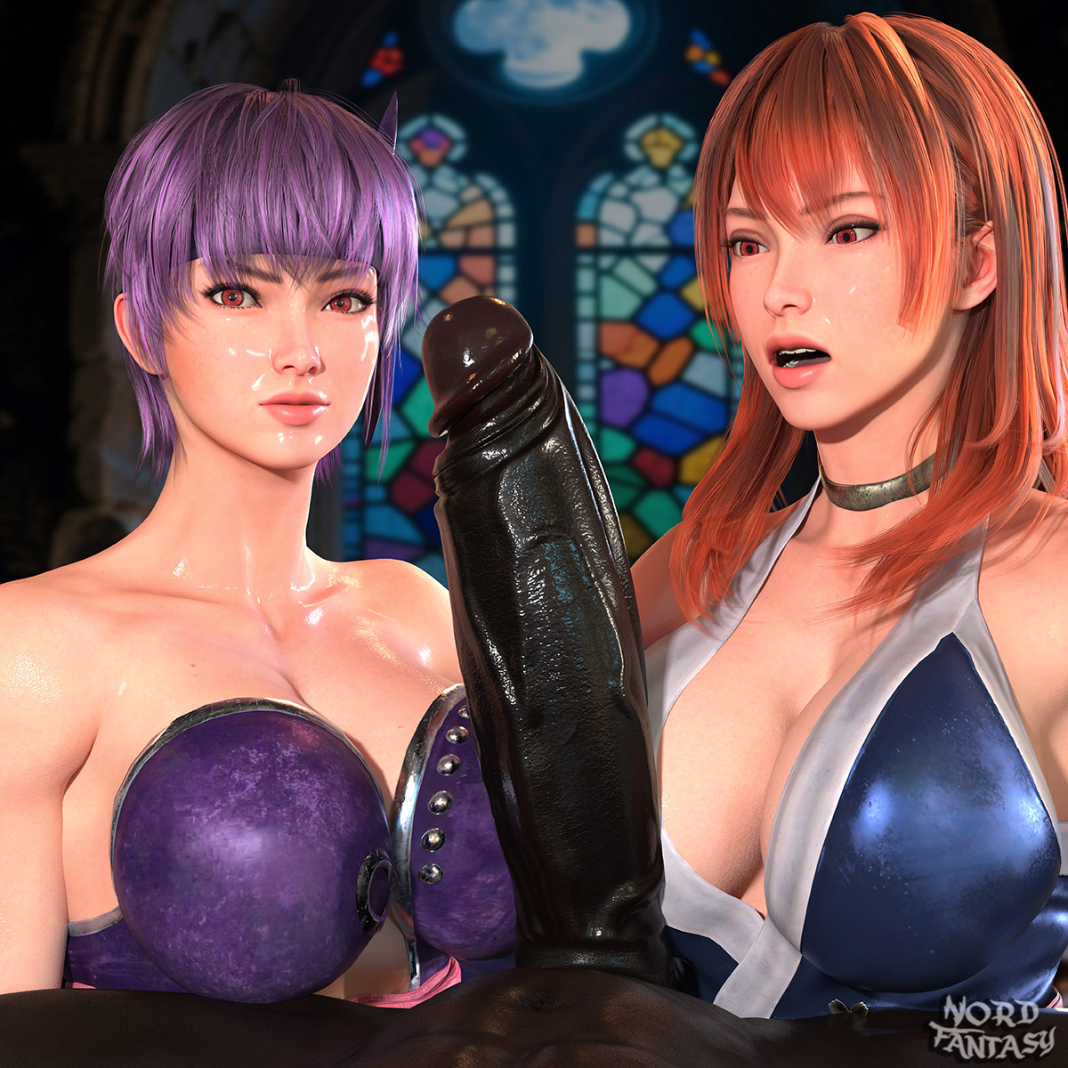 1boy, 2girls, 3d, 3d (artwork), ayane (doa), big breasts, big cock, big penis, breasts, clothed, clothed female, cock, dark skin, dark-skinned male, dead or alive, female, huge cock, imminent sex, imminent threesome, interracial, japanese, japanese female, kasumi (doa), large boobs, large breasts, male, male pov, naked, naked male, nordfantasy, nude, nude male, nudity, penis, pov, threesome, video game character