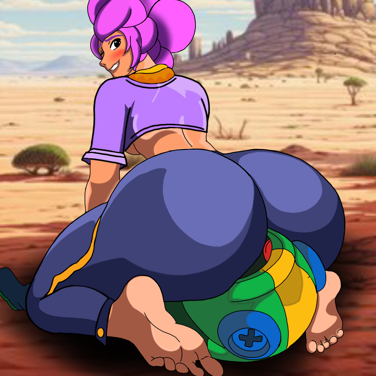 ass, big ass, brawl stars, facesitting, feet, female, huge ass, legs, leon (brawl stars), male, shelly (brawl stars), sitting on face, supercell