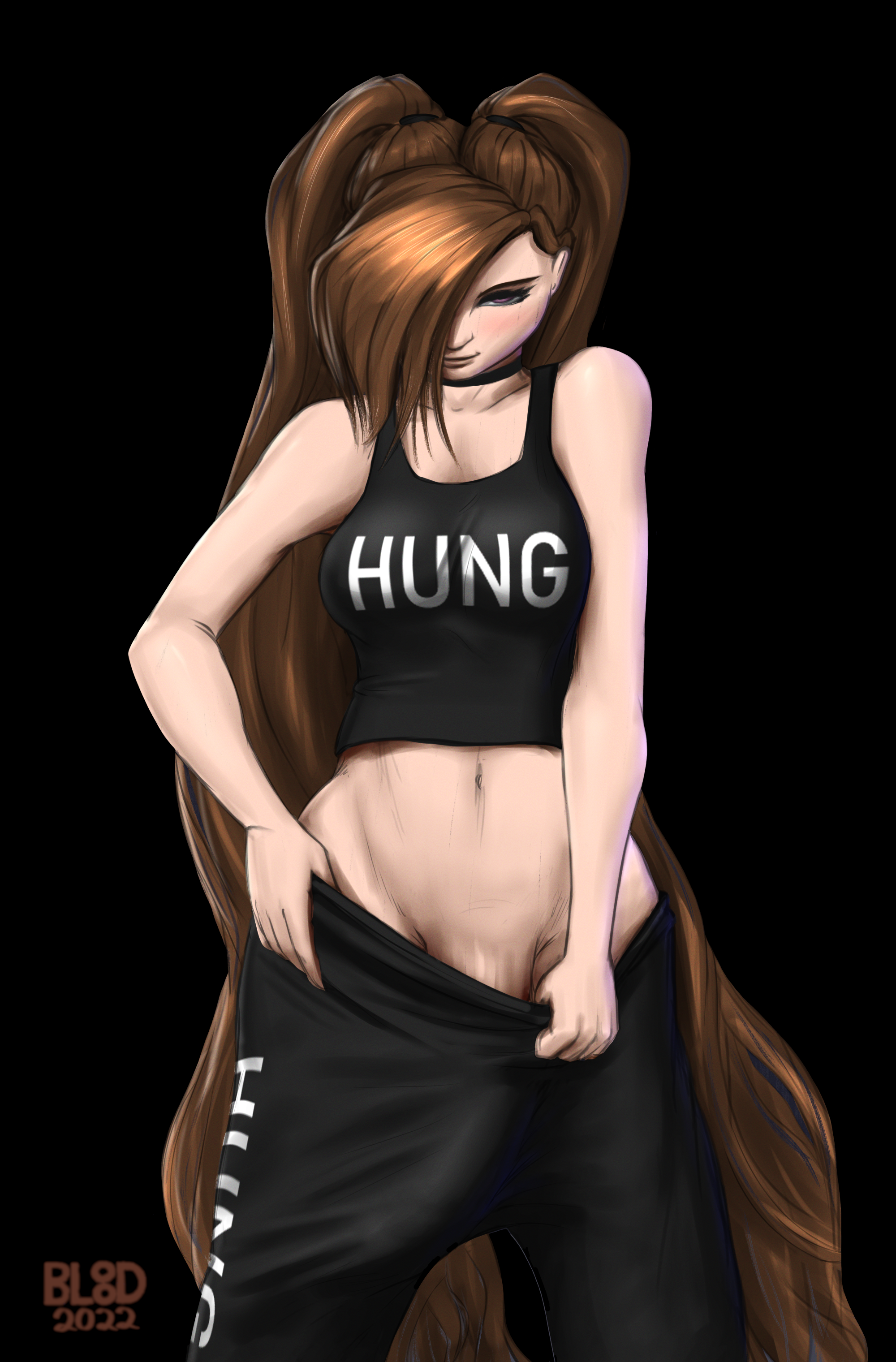 1futa, 2d, 2d (artwork), aroused, ashleyblaze (editor), bare arms, bare shoulders, beautiful, black background, bluebl8d, breasts, brown hair, bulge, bulge down leg, choker, clothed, crop top, cropped, cute, edit, futanari, hung, hung brand, hung futa, imminent fellatio, imminent oral, intersex, light skin, long hair, looking at viewer, massive penis, medium breasts, morgan (bluebl8d), narrow waist, navel, pants, penis, pent up, presenting, pulling down pants, purple eyes, revealing penis, smile, solo, sweatpants, tank top, thick penis, third-party edit, throbbing penis, tugging clothing, watermark