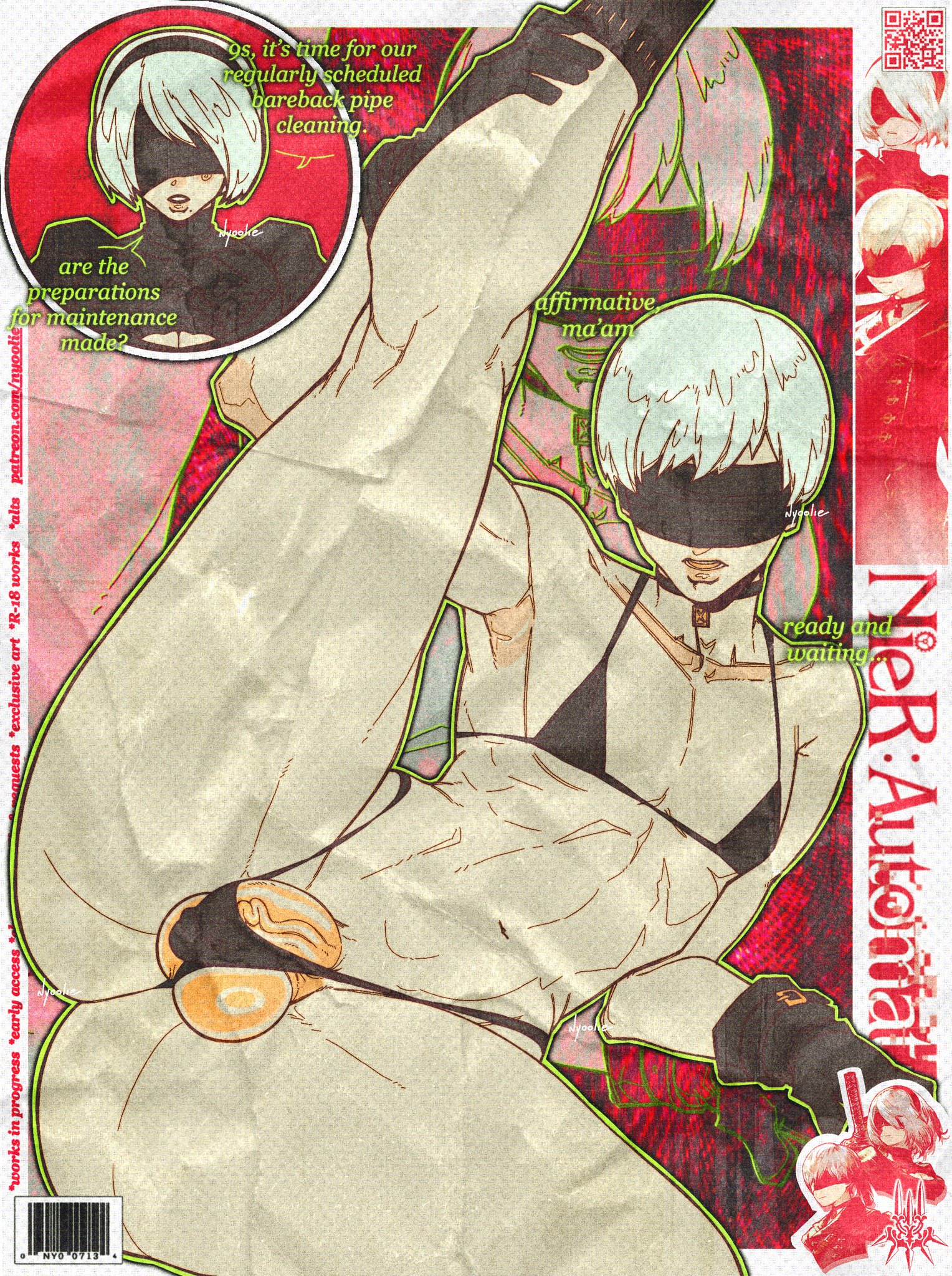 1boy, 1femboy, artist name, ass, barcode, bikini, blindfold, boob window, boots, breasts, choker, dialogue, english text, femboy, gloves, legs, legs apart, legs spread, legs up, light-skinned male, lips, ma'am, male, male only, navel, nier, nier: automata, nyoolie, patreon url, patreon username, penis, presenting, presenting hindquarters, qr code, shiny lips, solo, speech bubble, text, thong, white hair, yorha 2b, yorha 9s