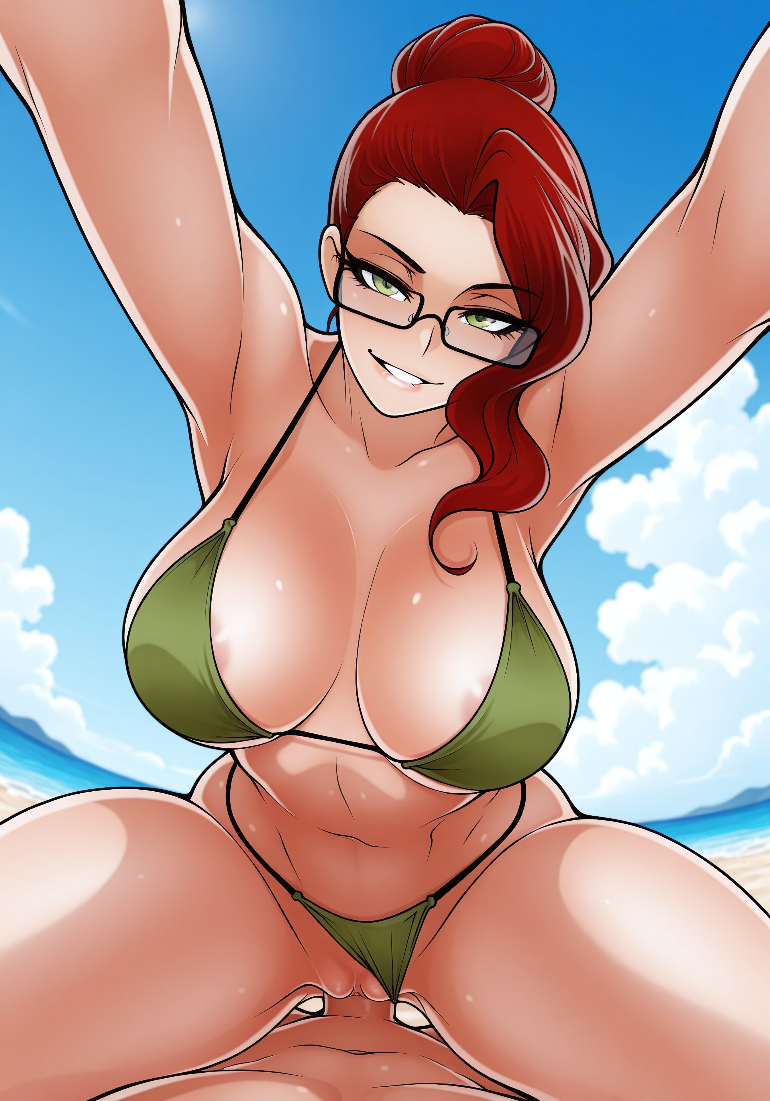 ai generated, ai jago dibuja, areolae, areolae peeking, arms above head, beach sex, bikini, bikini aside, biting lip, breasts, cowgirl position, female, female on top, glasses, green eyes, hairbun, large breasts, leaning forward, legs apart, legs open, legs spread, living with hipstergirl and gamergirl, looking at viewer, male, male penetrating female, male pov, pov, pov male, pussy, red hair, riding, riding cock, riding penis, sex, smirk, smirking at viewer, sophie (living with hipstergirl and gamergirl), vaginal penetration, vaginal sex