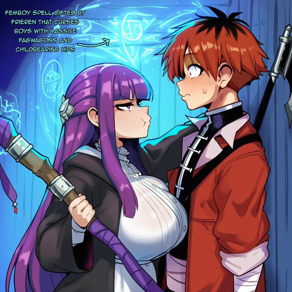 ai generated, big breasts, body modification, breasts, dominant female, donbeboys, female, female on femboy, femboy, fern (sousou no frieren), forceful, irritated, mage, magical transformation, male, purple hair, red hair, sousou no frieren, spell, stark (sousou no frieren), submissive male, tagme, transformation