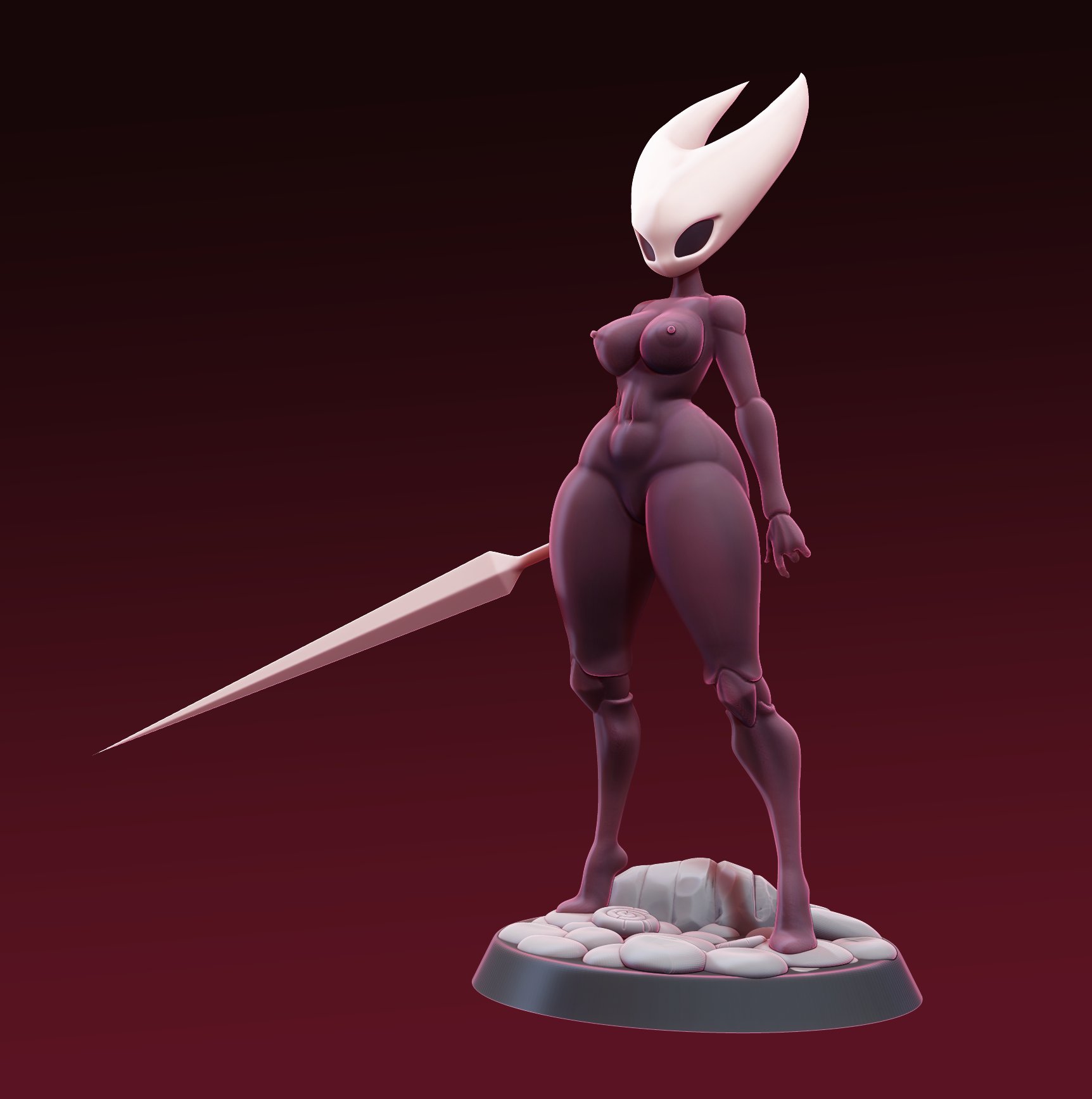 3d, 3d (artwork), anthro, black skin, bug, bug girl, dark skin, female, hi res, hollow knight, hollow knight (franchise), hollow knight: silksong, hornet, hornet (hollow knight), melee weapon, nude, red hood, solo, sweat, sword, team cherry, the-great-pipmax, thick thighs, weapon