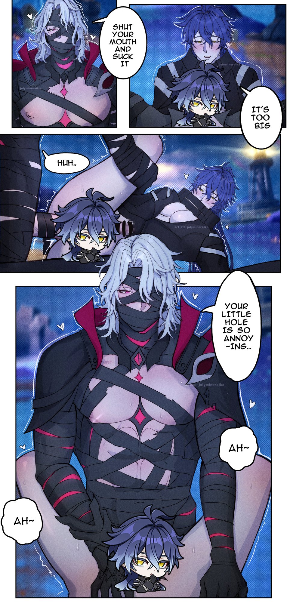 4koma, amber eyes, anal, anal sex, bandage, bandages, blue hair, breasts, censored, censored penis, dark blue hair, degradation, flins (genshin impact), gay, genshin impact, half naked, half-dressed, male, nipples, penis, pink eyes, rerir (genshin impact), sex, size difference, text, text bubble, tits out, yaoi, yellow eyes