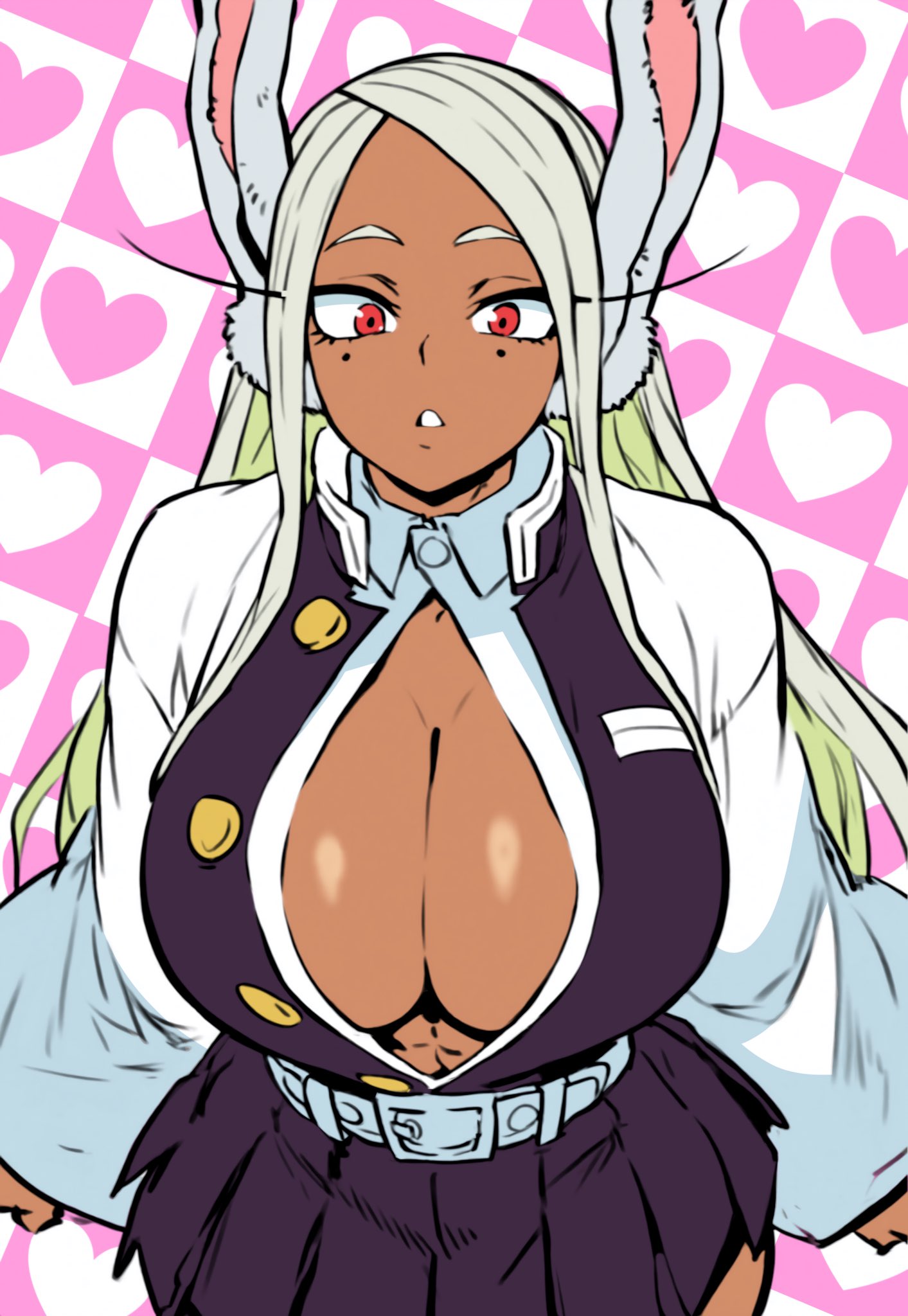 1girls, 2025, abs, animal ears, animal humanoid, belt, big breasts, boku no hero academia, breasts, brown skin, busty, cleavage, clothed, clothed female, clothing, collared shirt, cosplay, cowboy shot, curvaceous, curvy, dark skin, dark-skinned female, deep cleavage, demon slayer, female, female only, front view, fully clothed, green hair, hair, hi res, huge breasts, humanoid, kanroji mitsuri, kanroji mitsuri (cosplay), kimetsu no yaiba, large breasts, long hair, looking at viewer, miruko, mitsuri kanroji, mitsuri kanroji (cosplay), multicolored hair, muscular, muscular female, my hero academia, parallaxfused, rabbit ears, rabbit humanoid, red eyes, rumi usagiyama, skirt, solo, standing, two-tone hair, white hair, wide hips
