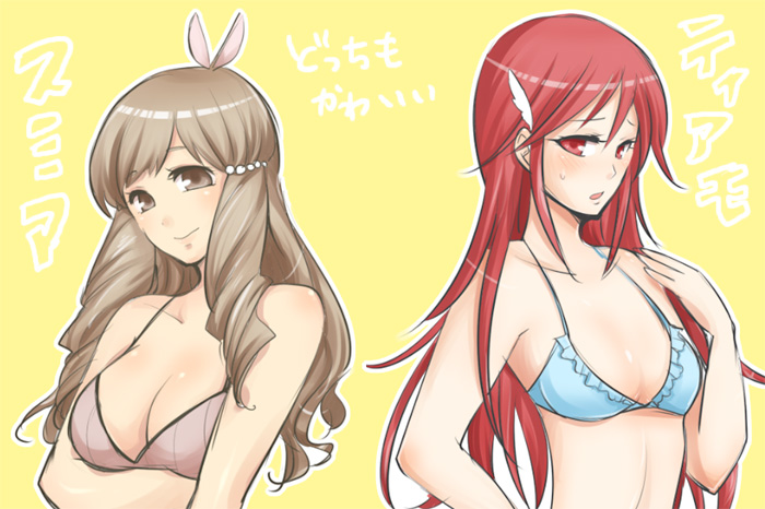 2girls bikini breasts cordelia_(fire_emblem) embarrassed fire_emblem fire_emblem_awakening long_hair multiple_girls red_hair ryu_na shougayaki_(kabayaki_3) small_breast sumia_(fire_emblem) swimsuit swimsuit_aside very_long_hair