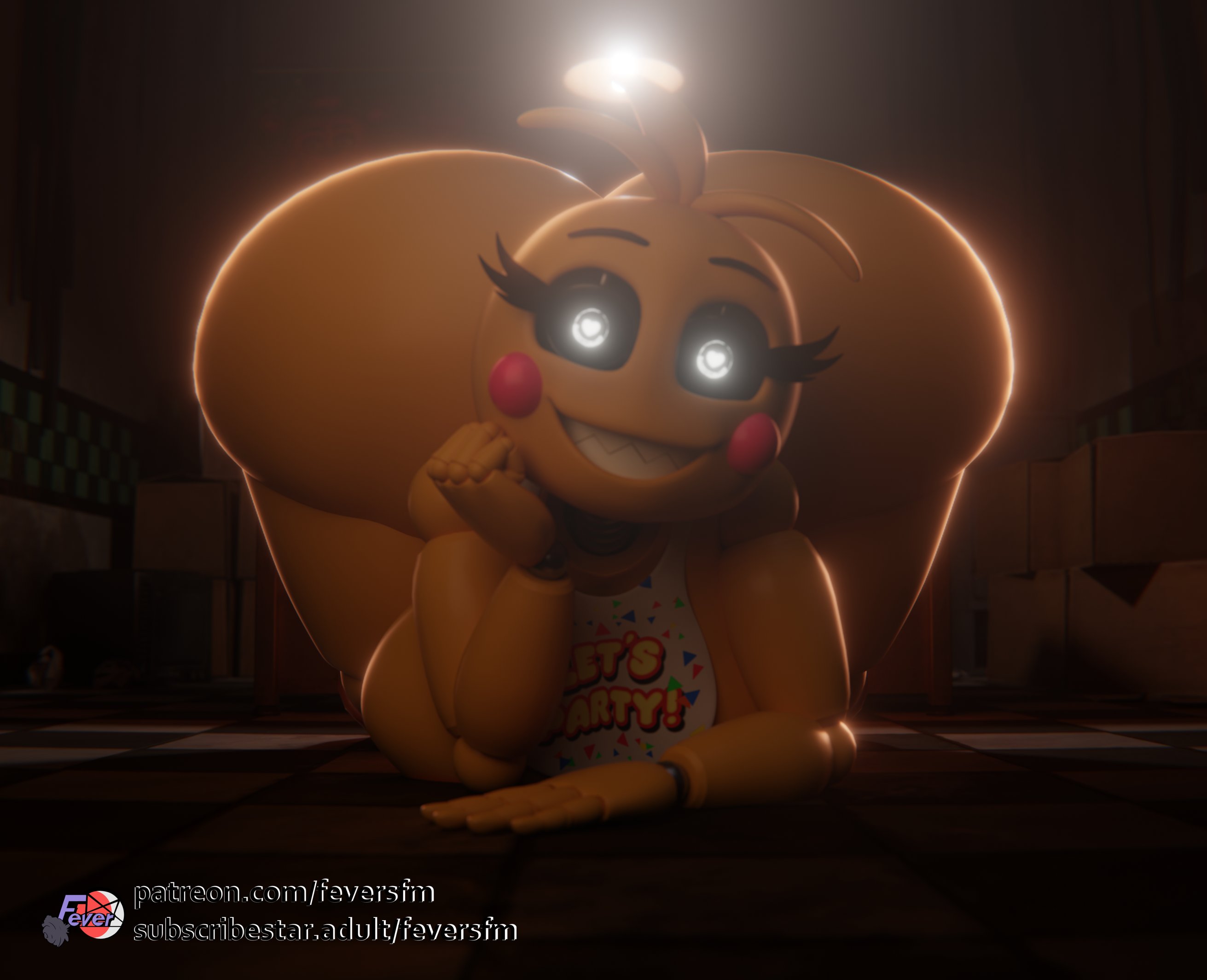 1girls, 3d, 3d (artwork), absurd res, animatronic, anthro, anthrofied, ass, ass focus, avian, bent over, bib, big ass, big breasts, bird, black sclera, blush, blush stickers, bottom heavy, breasts, bubble butt, chicken, curvaceous, curvy, curvy female, curvy figure, digital media (artwork), eyebrows, eyelashes, female, female focus, female only, feversfm, five nights at freddy's, five nights at freddy's 2, fur, furry, galliform, gallus (genus), glistening, glistening body, heart symbol, hi res, hourglass figure, huge ass, looking at viewer, mammal, motion lines, robot, robot girl, sharp teeth, solo, thick thighs, toy chica (fnaf), toy chica (love taste), twitter link, video games, voluptuous, voluptuous female, white eyes, wide hips, yellow body, yellow fur, yellow skin