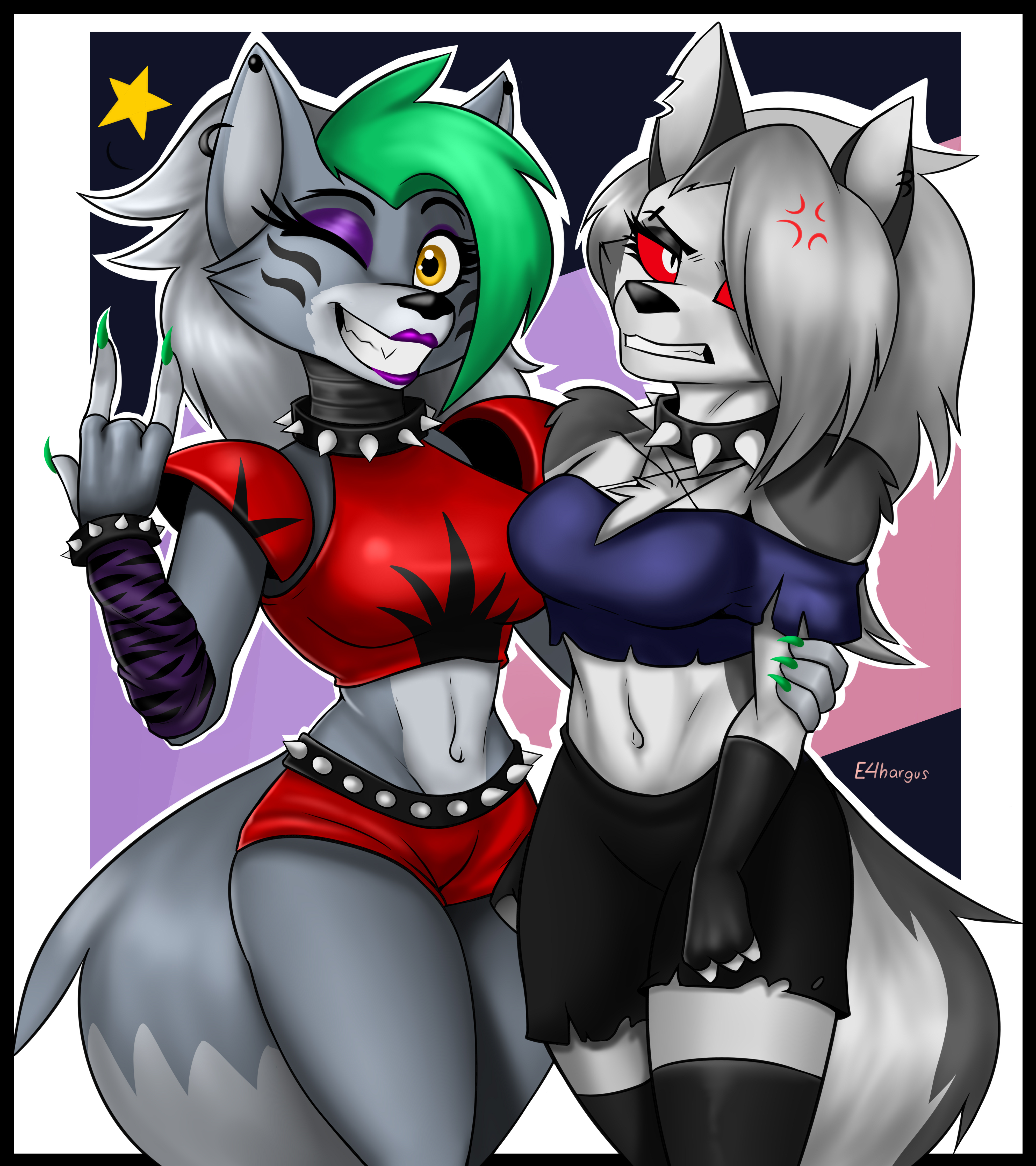 2girls, animatronic, annoyed, annoyed expression, anthro, breasts, canid, canid demon, canid humanoid, canine, crop top, crossover, demon, demon girl, dyed hair, e4hargus, ears, female, fingerless gloves, fit, fit female, five nights at freddy's, five nights at freddy's: security breach, goth, goth girl, green hair, green highlights, grey body, grey fur, grey hair, hair over one eye, hellhound, helluva boss, lipstick, long hair, looking at viewer, looking away, loona (helluva boss), makeup, midriff, panties, rakoongrey, red eyes, red sclera, roxanne wolf (fnaf), shorts, shoulder pads, smiling, smiling at viewer, spiked collar, tail, thick tail, thick thighs, thighhighs, two-tone body, two-tone fur, two-tone hair, two-tone tail, white body, white fur, wink, winking at viewer, wolf, wolf girl, yellow eyes