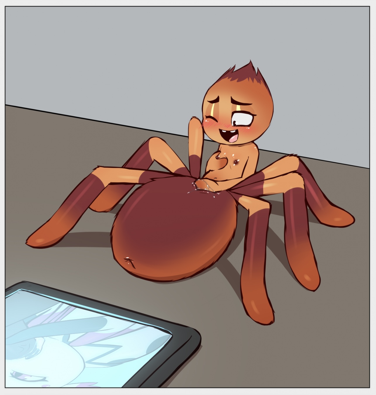 2020s, 2023, 8 legs, abdomen, ahe gao, anthro, arachnid, arthropod, blush, bodily fluids, brown body, brown fur, dreamworks, duo, e254e, fellatio, female, female penetrated, feral, feral focus, fur, gap teeth, genitals, grey background, hi res, holding penis, imminent death, impending doom, larger male, male, male penetrating, male penetrating female, male/female, masturbation, monster, ms. tarantula (the bad guys), nipples, nude, one eye closed, oral, oral penetration, orange body, orange fur, penetration, penile, penis, penis in mouth, pink body, pink eyes, pussy, saliva, screen, sex, simple background, size difference, smiling, spider, tagme, taratect, the bad guys, tongue, vagina, vaginal masturbation, vein, veiny penis, white body, wince