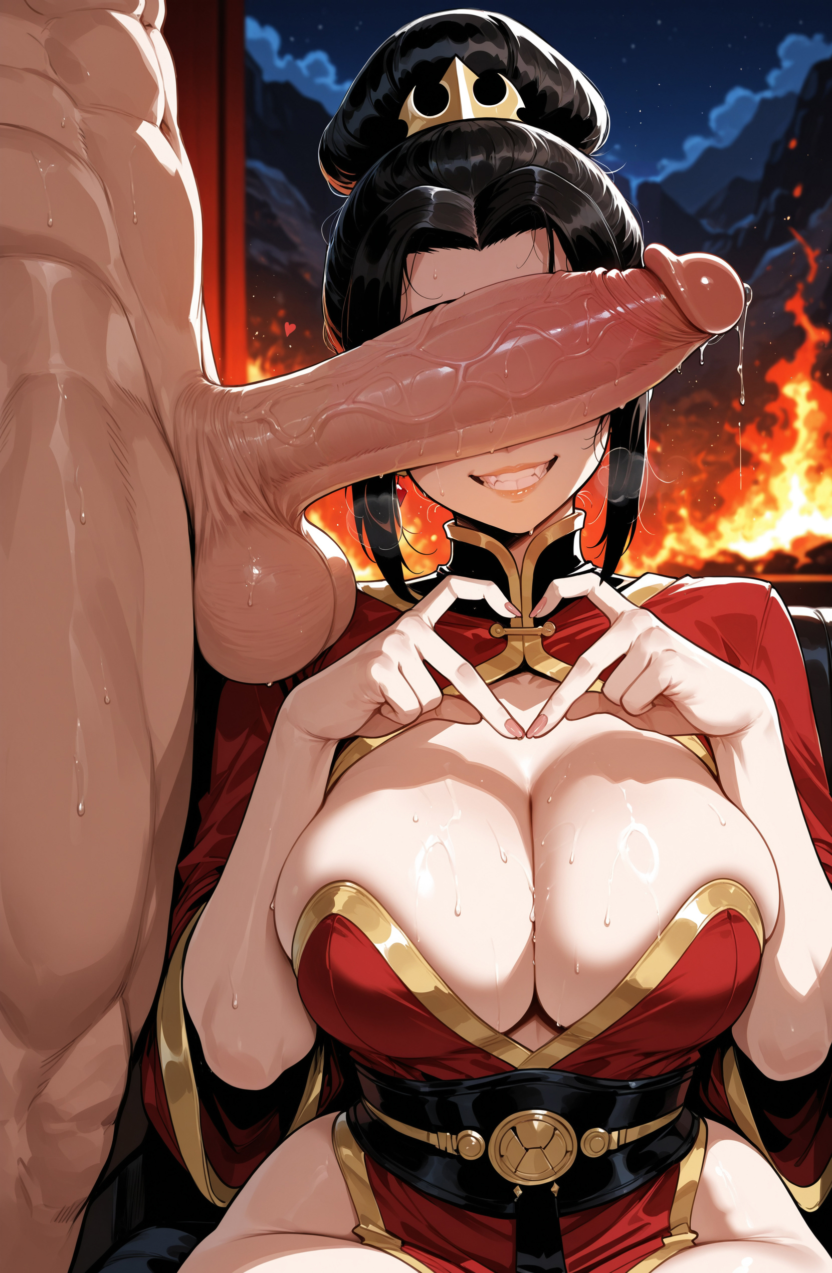 ai generated, avatar the last airbender, azula, big breasts, breasts, brother and sister, cant see the haters, child bearing hips, fat ass, female, female focus, heart, heart hands, huge breasts, imminent sex, incest, large ass, large breasts, male, muscular, muscular male, pose, posing, princess, royalty, thick thighs, thighs, zuko