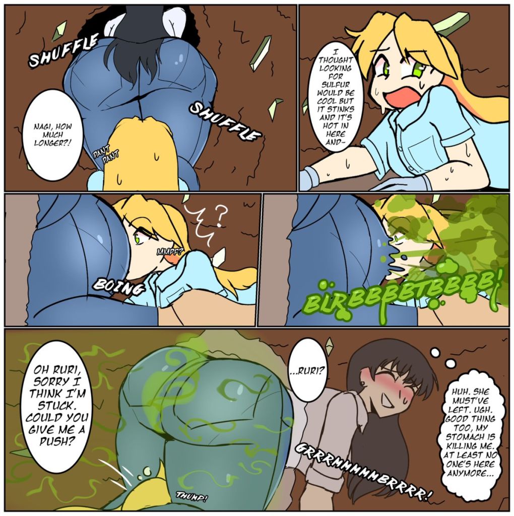 2girls, age difference, all fours, arato nagi, ass, closed eyes smile, comic, crawling, english text, face in ass, facefart, fart, fart fetish, farting in face, female, jeans, mrtomato8224, pantylines, ruri no houseki, size difference, speech bubble, sweat, tanigawa ruri, thought bubble, tight space, unaware facefart, yuri
