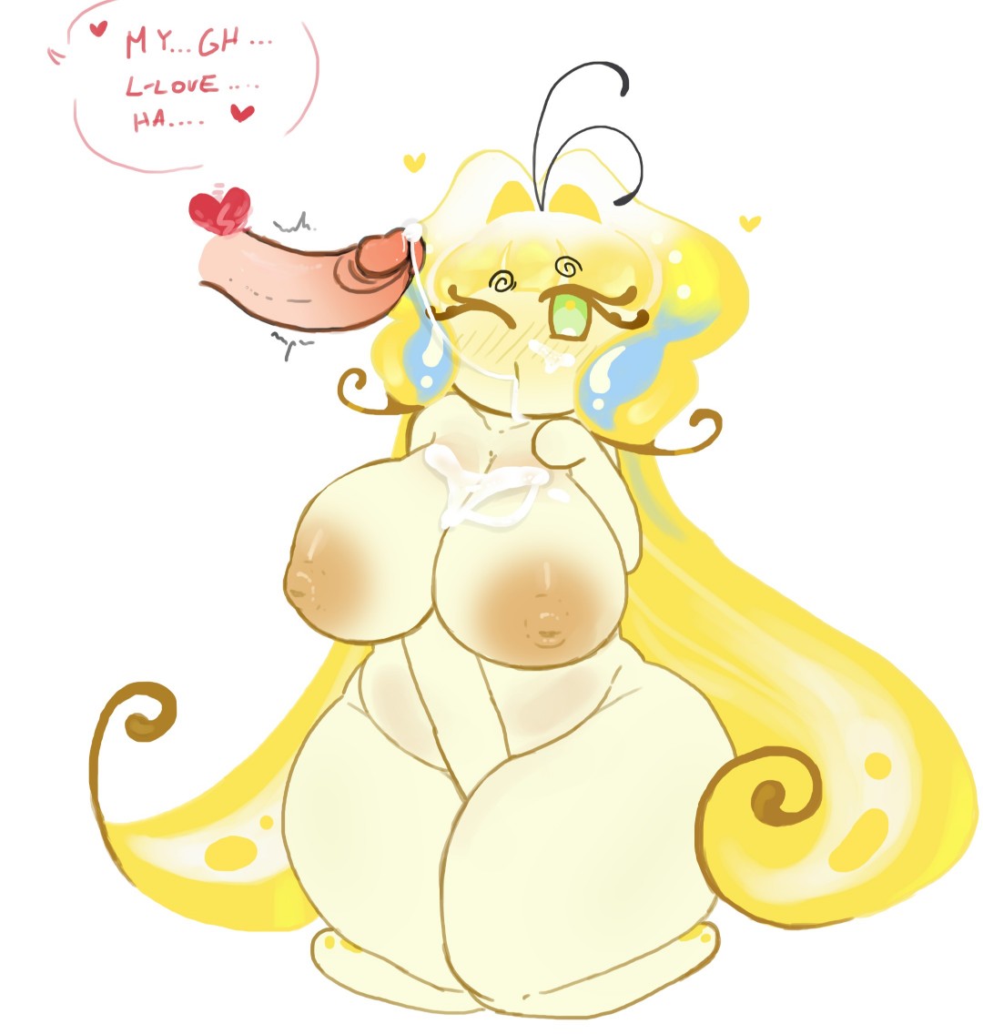 :), :3, big ass, cookie, cookie run, cookie run kingdom, female, female only, female solo, hehe, laying down, light yellow body, magpieredd, naked, naked female, pavlova cookie, rule34, sex, sexy pose, solo, sugarfly cookie, tagme, white background, yellow hair