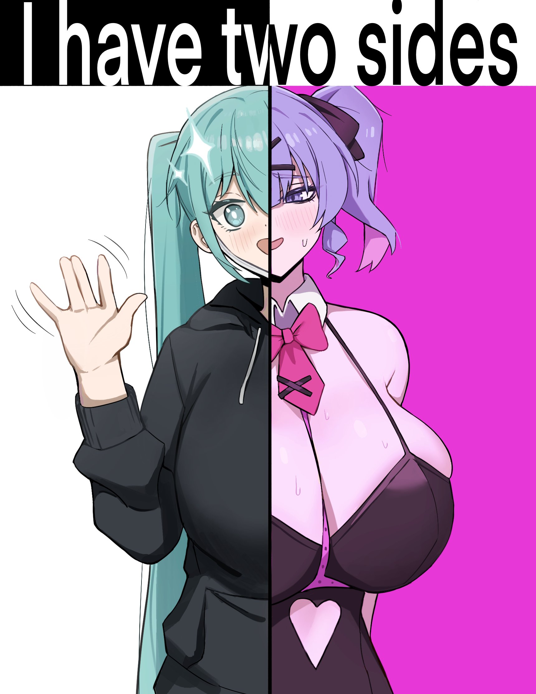 1girls, 2girls, aqua hair, big breasts, black hoodie, blush, bow, breasts, breasts bigger than head, bunnysuit, cleavage, clothing cutout, collar, detached collar, dotthebot, female, hair ornament, hairclip, hatsune miku, hood, hoodie, huge breasts, i have two sides (meme), long hair, looking at viewer, meme, multiple girls, necktie, open mouth, outfit swap, purple eyes, purple hair, rabbit hole (vocaloid), smile, split screen, sweat, twintails, very long hair, vocaloid, waving