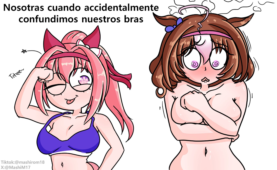 artist request, bra, breast size difference, breasts, brown hair, busty female, covering breasts, embarrassed nude female, female, female only, flat chest, haru urara (umamusume), horse ears, horse girl, meisho doto (umamusume), meme, pink hair, small breasts, spanish text, umamusume, umamusume pretty derby