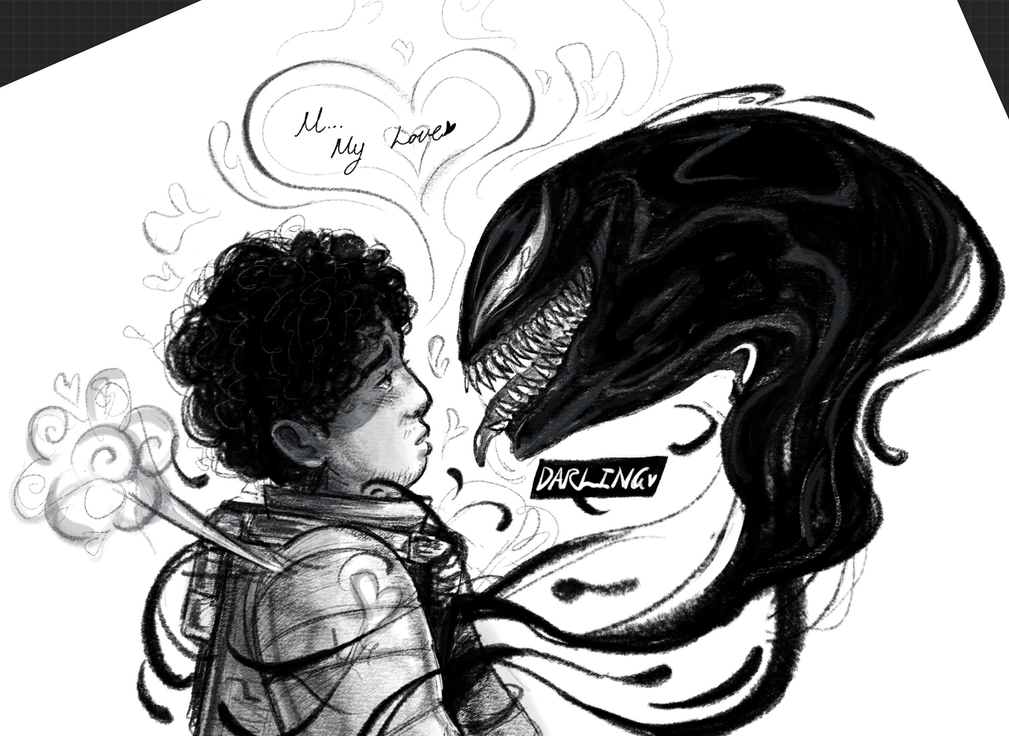 blush, cute face, date everything, domination, heavy breathing, hector valentino airnesto condicionado (date everything), looking at another, male, marvel, marvel comics, saliva, saliva trail, sketch, steam, symbiote, venom, venom (marvel), weird crossover, yaoi