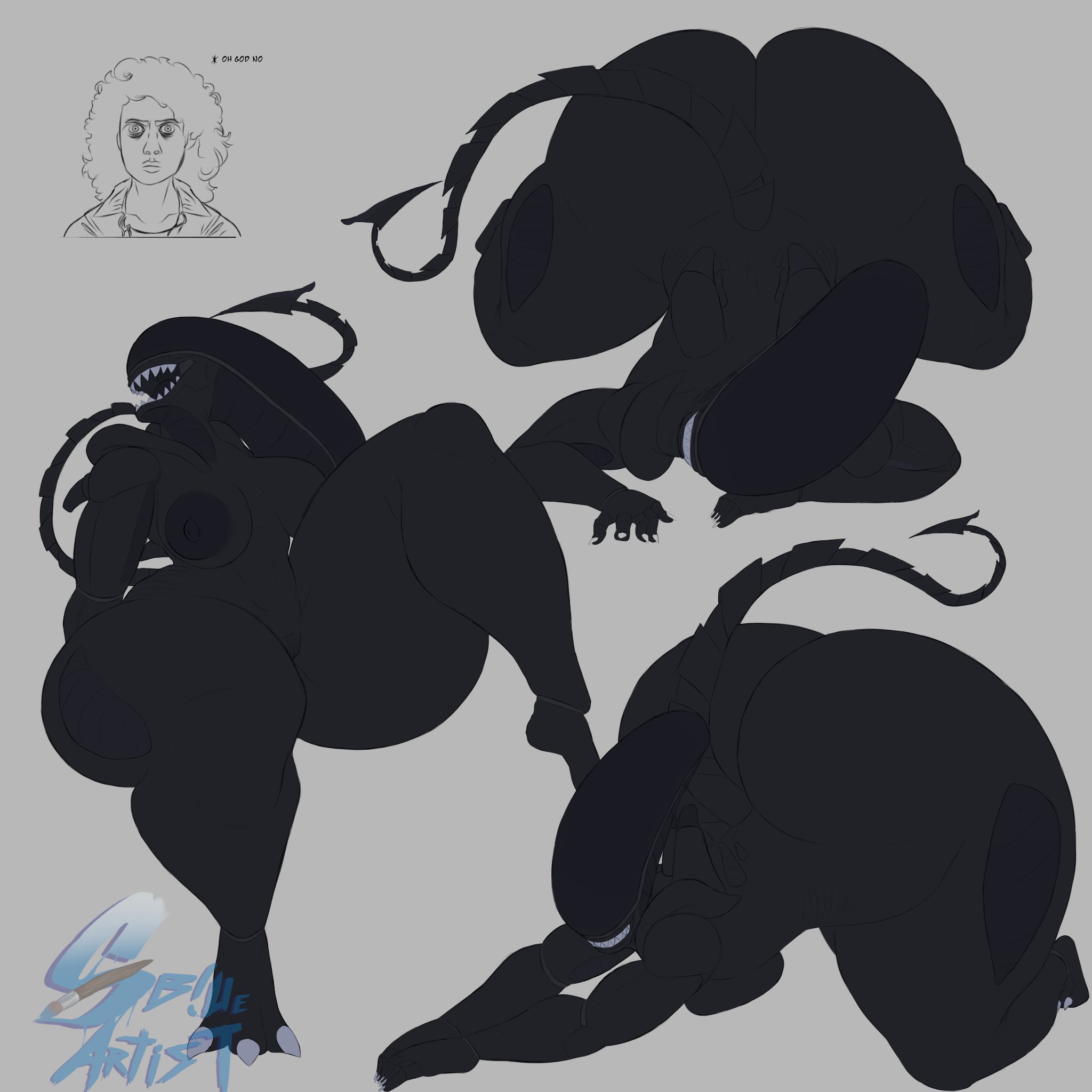 2025, 2d, 2girls, alien, alien (franchise), alien girl, ass, big breasts, black body, bottom heavy, breasts, dark areola, digital drawing (artwork), digital media (artwork), ellen ripley, fat ass, female, female only, female xenomorph, grey background, hips wider than shoulders, huge areolae, huge ass, huge thighs, long fingernails, multiple poses, naked, naked female, nude, nude female, sblueartist, sharp claws, sharp fingernails, sharp teeth, simple background, snowyblue, tagme, text, thick ass, thick female, thick thighs, thousand yard stare, watermark, wide hips, xenomorph, xenomorph tail