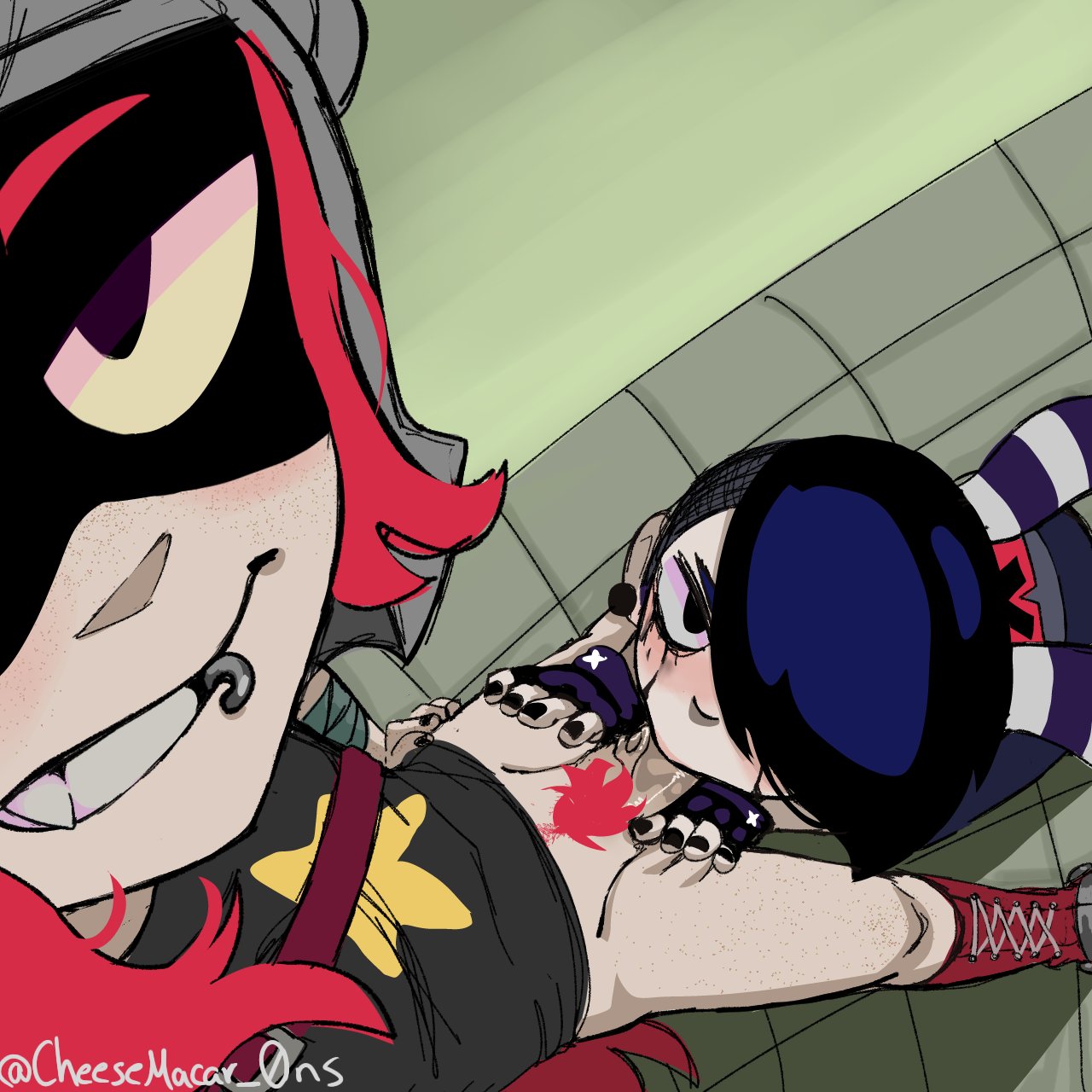 2boys, black gloves, black hair, black nails, blowjob, blowjob face, blush, brawl stars, clothed, clothing, dick, draco (brawl stars), duo, edgar (brawl stars), emo, emo boy, emo hair, gay, gay blowjob, gay male, gay sex, gloves, hair, hair over one eye, helmet, human, light skin, long hair, looking at viewer, makeup, makeup running, male, male only, male/male, oral, oral sex, penis, penis in mouth, pierced ears, piercing, piercings, red hair, red pubic hair, scarf, semi nude, sex, short hair, smile, supercell, yellow eyes