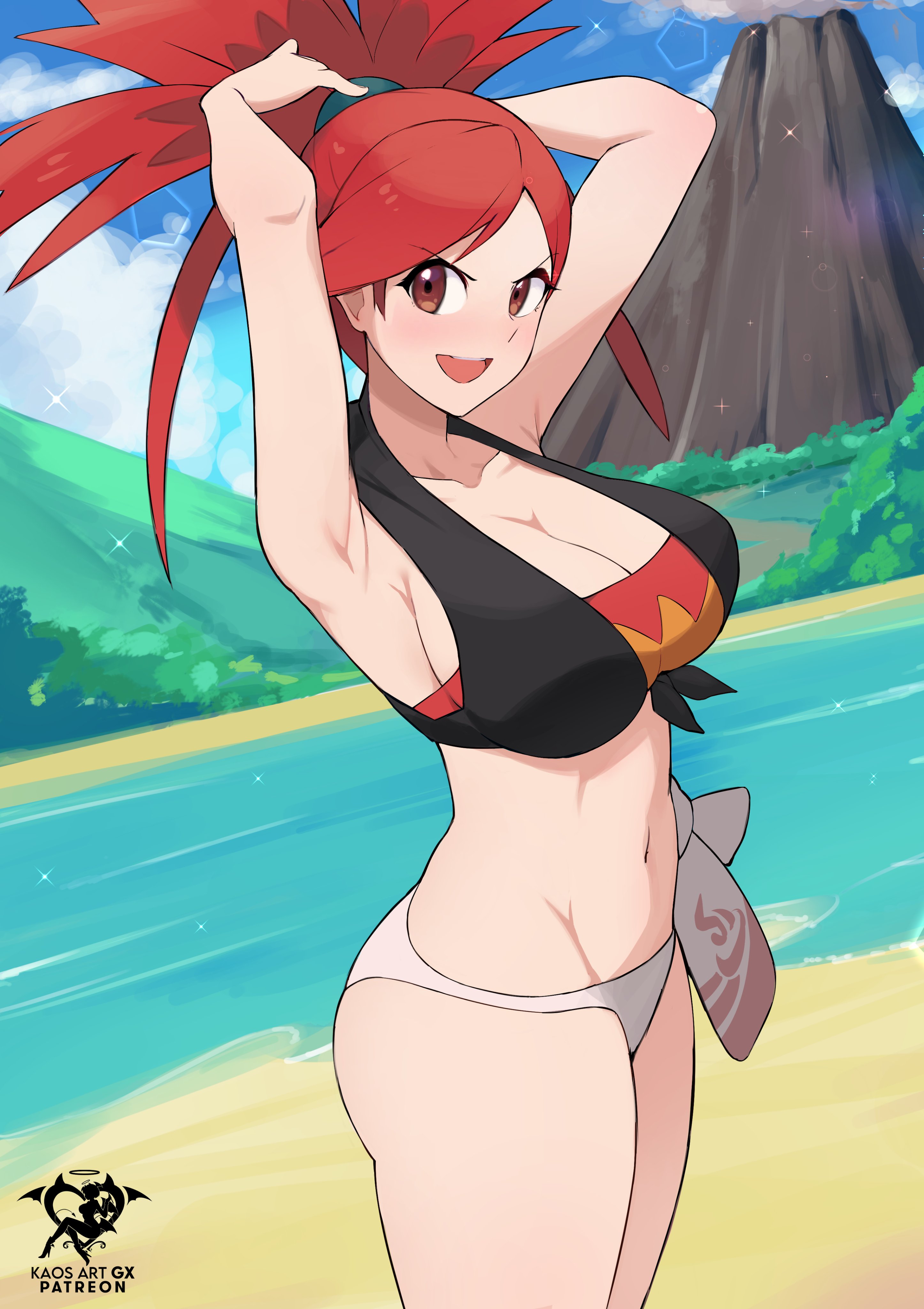 :d, 1girls, absurdres, arm behind head, armpits, arms up, artist logo, artist name, bandeau, bare shoulders, bikini, bikini bottom only, black shirt, blue sky, blush, breasts, cleavage, cloud, cloudy sky, collarbone, crop top, dirt road, female, flannery (pokemon oras), flannery (pokemon), game freak, gym leader, hair tie, highres, hill, kaos art, large breasts, logo, long hair, looking at viewer, navel, nintendo, open mouth, outdoors, patreon username, pokemon, pokemon oras, ponytail, red bandeau, red eyes, red hair, redhead, redhead female, river, road, sand, shirt, side-tie bikini bottom, sideboob, sky, sleeveless, sleeveless shirt, smile, solo, split ponytail, standing, stomach, strapless, swimsuit, thick thighs, thighs, tied shirt, tummy, v-shaped eyebrows, volcano, water, white bikini, white bikini bottom