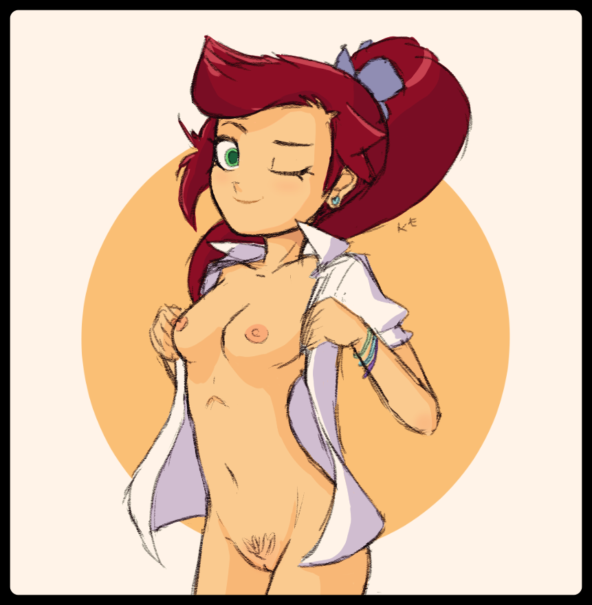 auriana bracelets breasts green_eyes kt-draws lolirock open_shirt pubic_hair purple_bow red_hair tagme wink