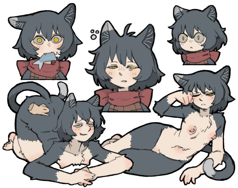 :3, black hair, boobs out, breasts, cat ears, cat girl, cat tail, catgirl, dungeon meshi, female, flat chest, izutsumi, laying down, nude, pantsu ripper, small breasts, yellow eyes