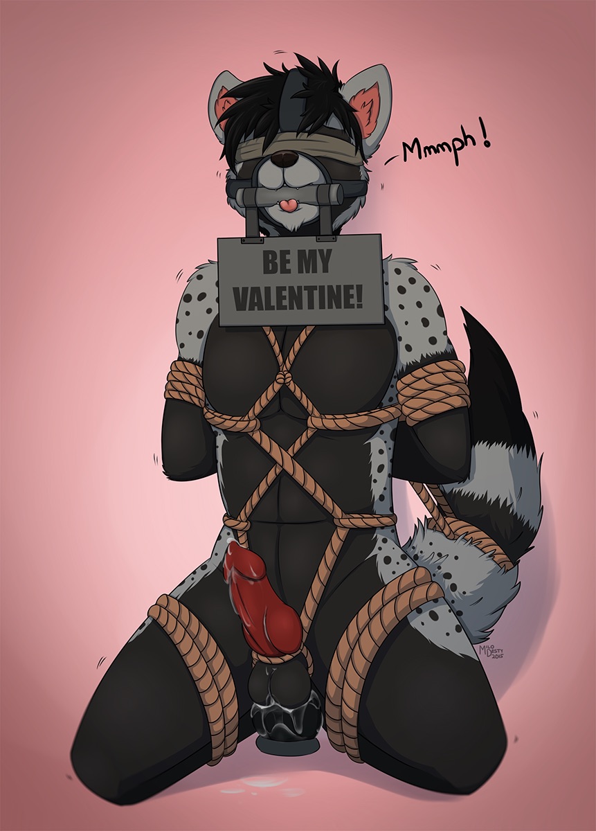 black_fur blindfold bondage bound dildo dildo_sitting english_text erection fully_bound fur gag grey_fur male male_only mammal milodesty penetration raccoon rope sex_toy text