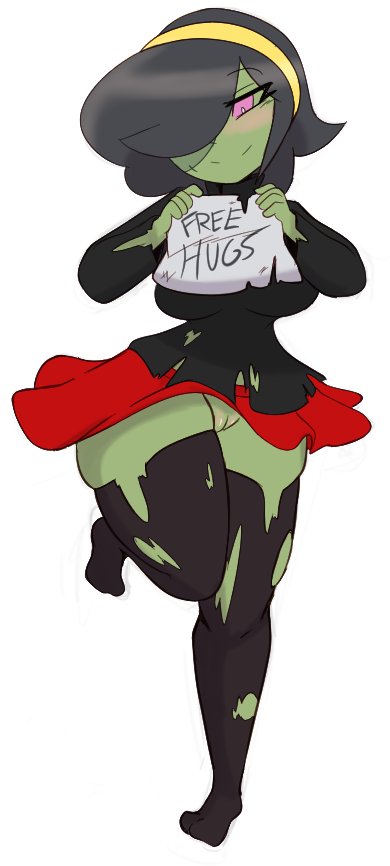 ass black_hair blush breasts cosplay dead_ahead exposed_pussy free_hugs free_hugs_(dead_ahead) green_skin headband legwear looking_down pink_eyes skirt stitches thick_thighs thighs torn_clothes torn_legwear undead undead_female zombie zombie_girl zombieartz