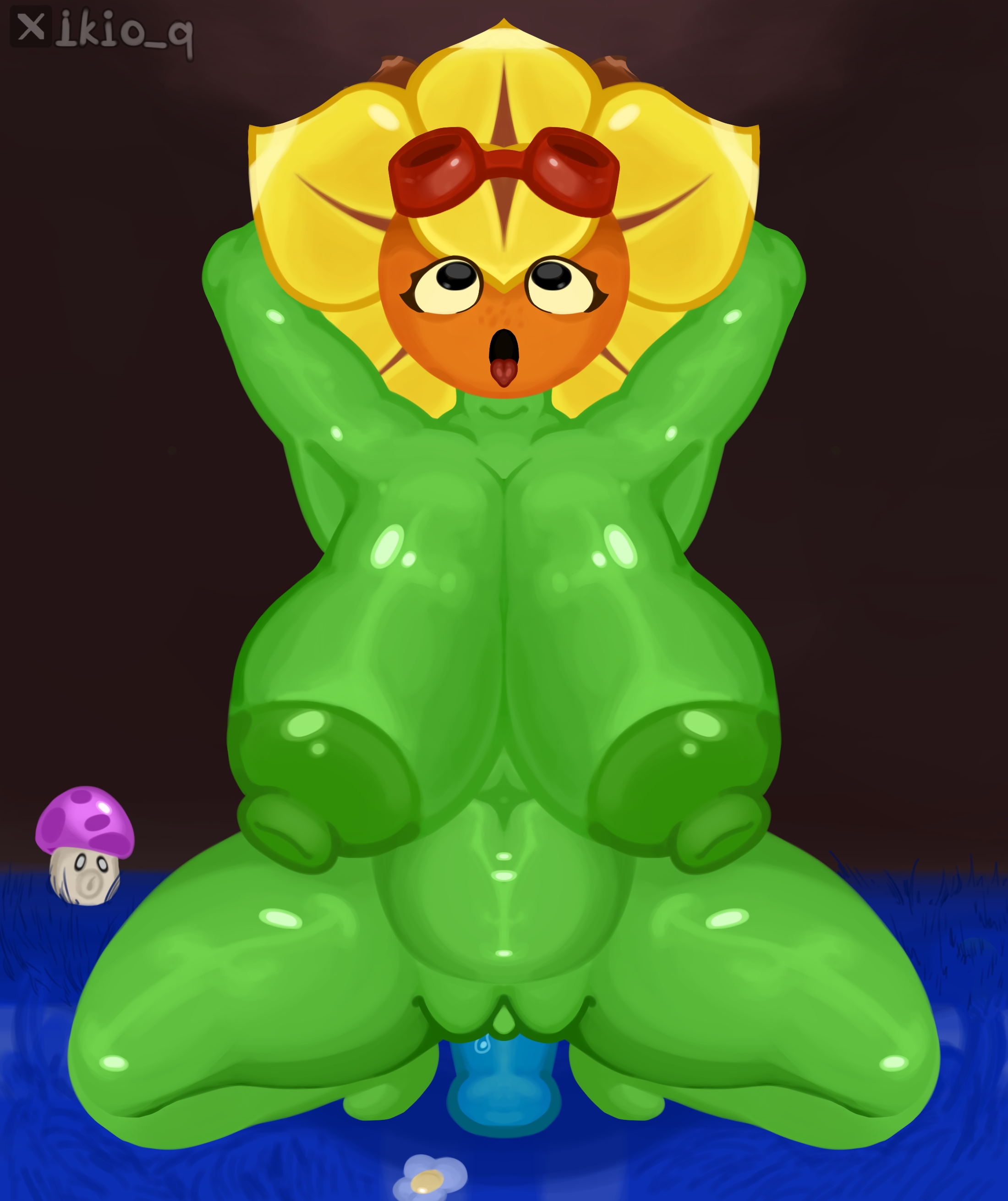 ass, belly, big ass, big breasts, big nipples, big thighs, breasts, completely nude, dildo, dildo in pussy, female, female focus, female only, green body, green skin, huge ass, huge breasts, looking pleasured, looking up, nude, nude female, open eyes, open mouth, plants vs zombies, plants vs zombies: heroes, pussy, solar flare (pvz), sunflower (pvz), thick thighs