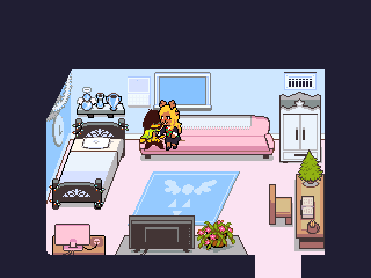 1girls 1other accurate_art_style animated bedroom cervine christmas_lights couch deer_girl deltarune deltarune_chapter_4 femdom handjob happy_sex interspecies kris_(deltarune) looking_at_partner noelle_holiday nonbinary_(lore) pixel_art self_upload