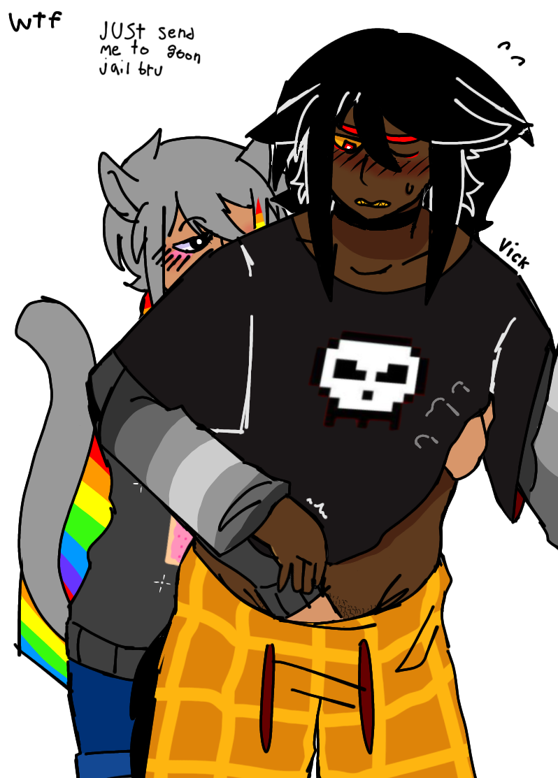 2boys blush catboy dark-skinned_male hand_in_pants hand_under_shirt nyan_cat suggestive tac_nayn tan_skin yaoi
