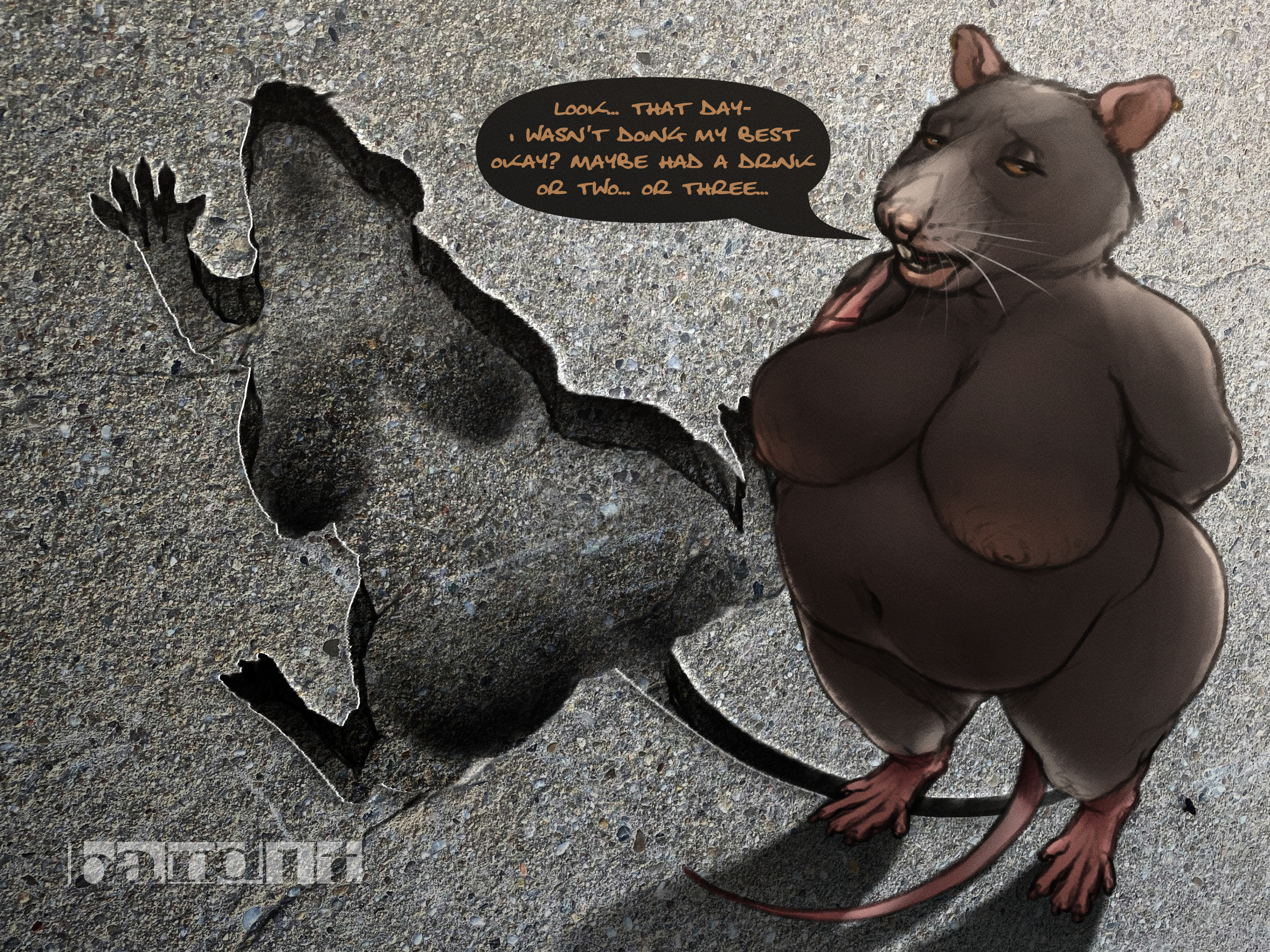anthro, anthro female, anthro only, ass, band1tnsfw, belly, big ass, big belly, big breasts, big butt, big tooth, breasts, brown body, brown fur, brown rat, chicago, chicago rat hole, concrete, concrete floor, day, dialogue, digital drawing (artwork), digital media (artwork), ear piercing, embarrassed, english text, feet, female, female anthro, female only, finger to mouth, fur, furry, furry female, furry only, hand behind back, hi res, hips, hole (pit), huge breasts, long tail, looking at viewer, looking away, mammal, mature anthro, mature female, meme, murid, murine, naked, naked anthro, naked female, nude, nude anthro, nude female, outdoors, outside, overweight, overweight anthro, overweight female, piercing, pink ears, pink feet, pink hands, pink nose, pink tail, rat, rodent, silhouette, solo, solo female, speech bubble, tail, talking to viewer, text, thick thighs, thighs, whiskers, wide hipped anthro, wide hipped female, wide hips, yellow eyes