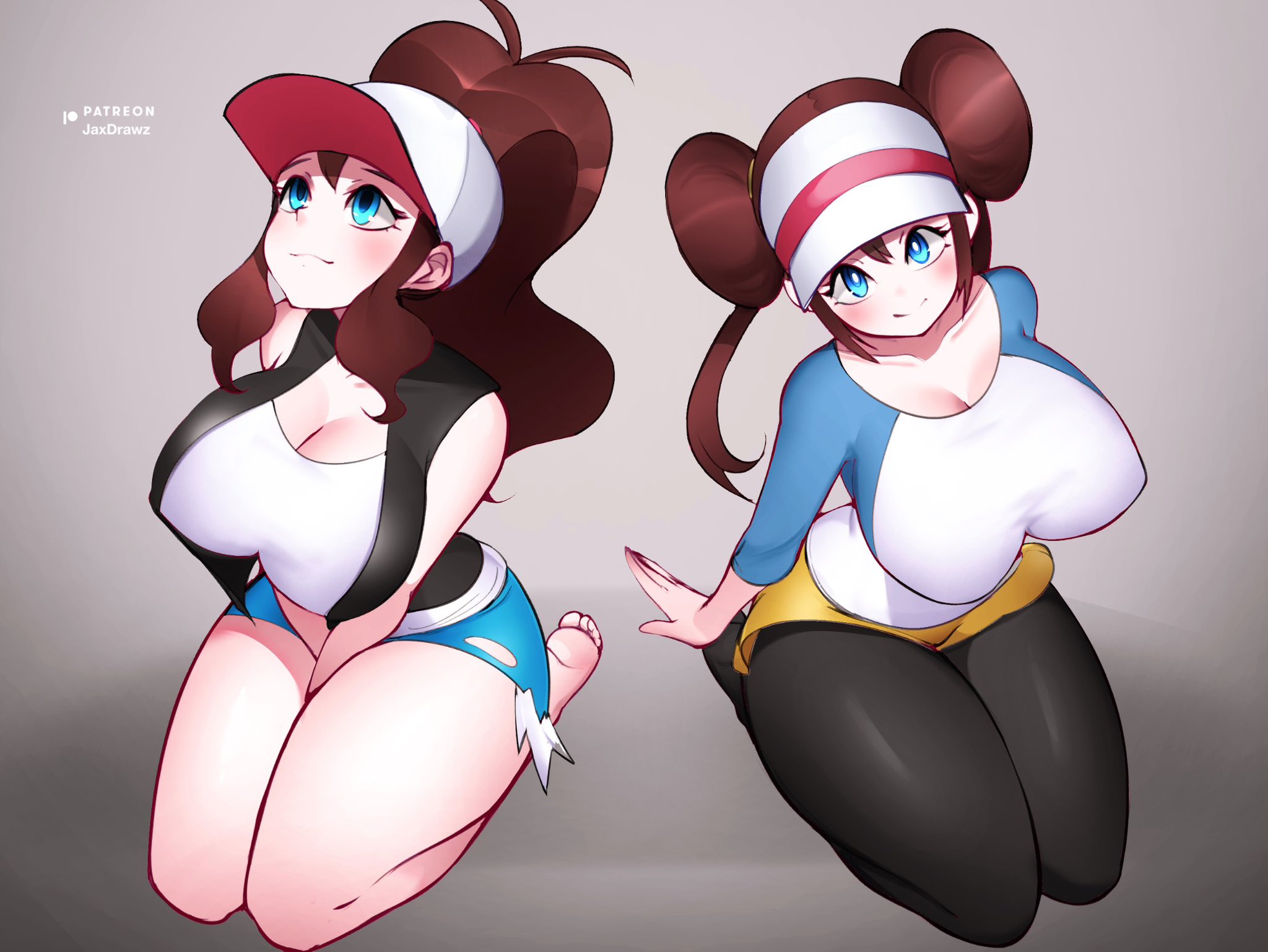 2girls, blue eyes, breasts, female, female only, highres, hilda (pokemon), jaxdrawz, large breasts, multiple females, multiple girls, nintendo, pantyhose, pokemon, pokemon bw, pokemon bw2, rosa (pokemon)