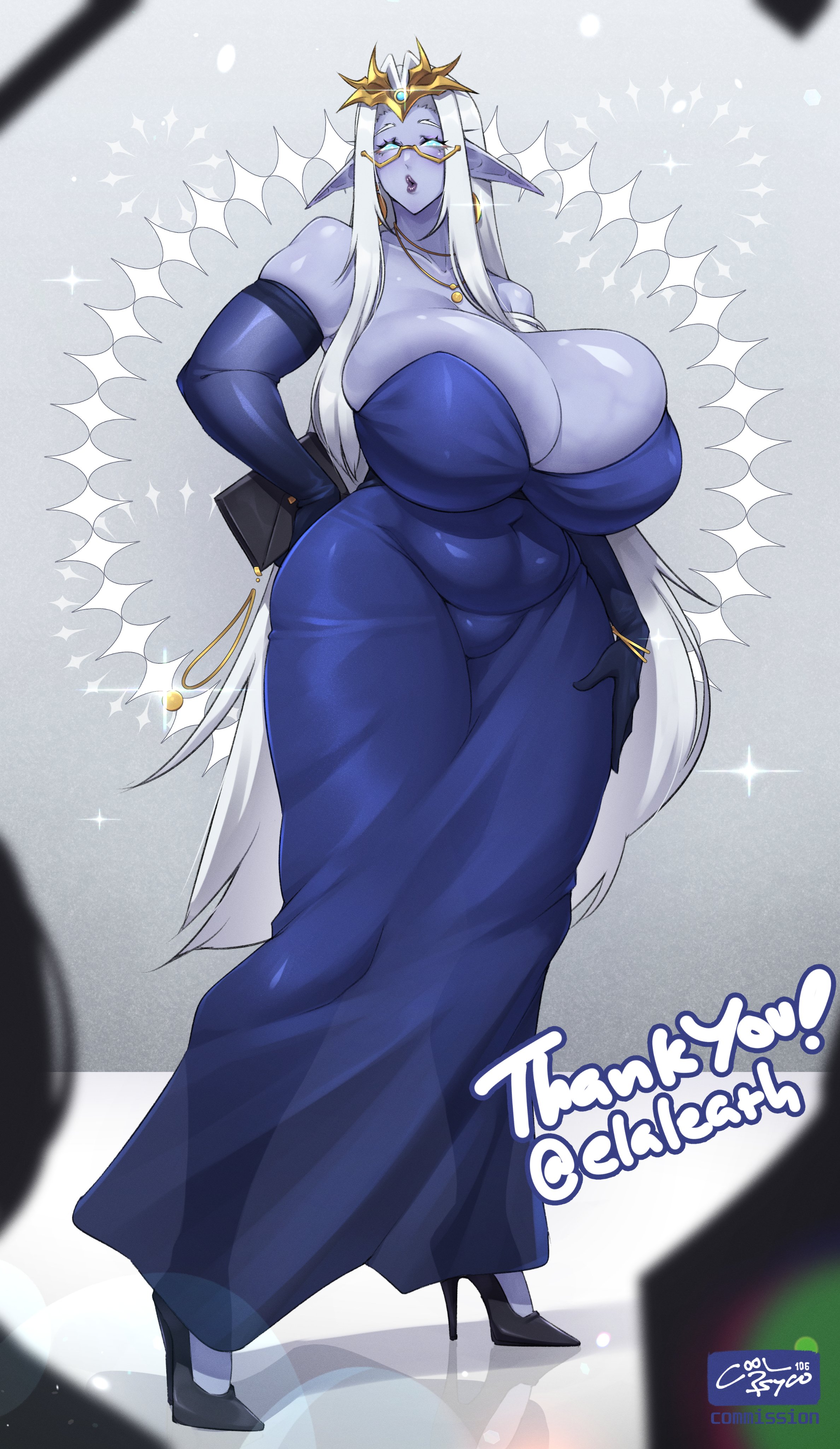 ass, big ass, big breasts, blue skin, breasts, cleavage, coolpsyco106, dress, female, high heels, ice queen (adventure time), milf, royalty, white hair, wide hips