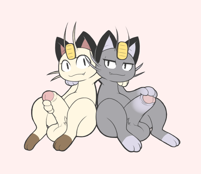 2boys aintsmart alolan_form alolan_meowth big_penis black_eyes black_fur coin erection fangs feet feline foreskin furry male masturbation meowth multiple_boys nintendo no_nipples nude paws penis pink_background pokémon_(species) pokemon pokemon_sm sitting smile testicles video_games whiskers white_fur