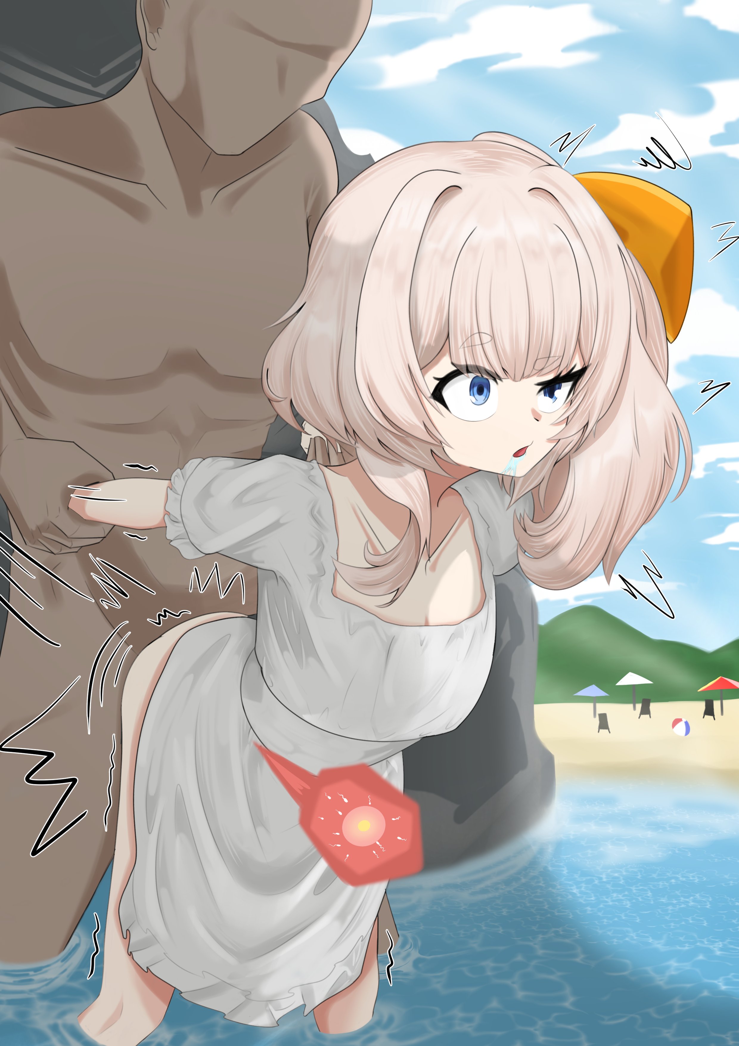 1boy, 1girls, arm grab, ass, beach, blue eyes, breeding, clothed female nude male, clothed sex, clothing, cum, cum in pussy, cum inside, drooling, exhibitionism, female, from behind, fucked silly, fucking, height difference, impregnation, kairo0, long hair, male, marimari en, outdoors, outside, ovum, penetration, phase connect, public, public sex, pussy, sex, sex from behind, size difference, spread legs, vaginal penetration, virtual youtuber, vtuber, water, x-ray