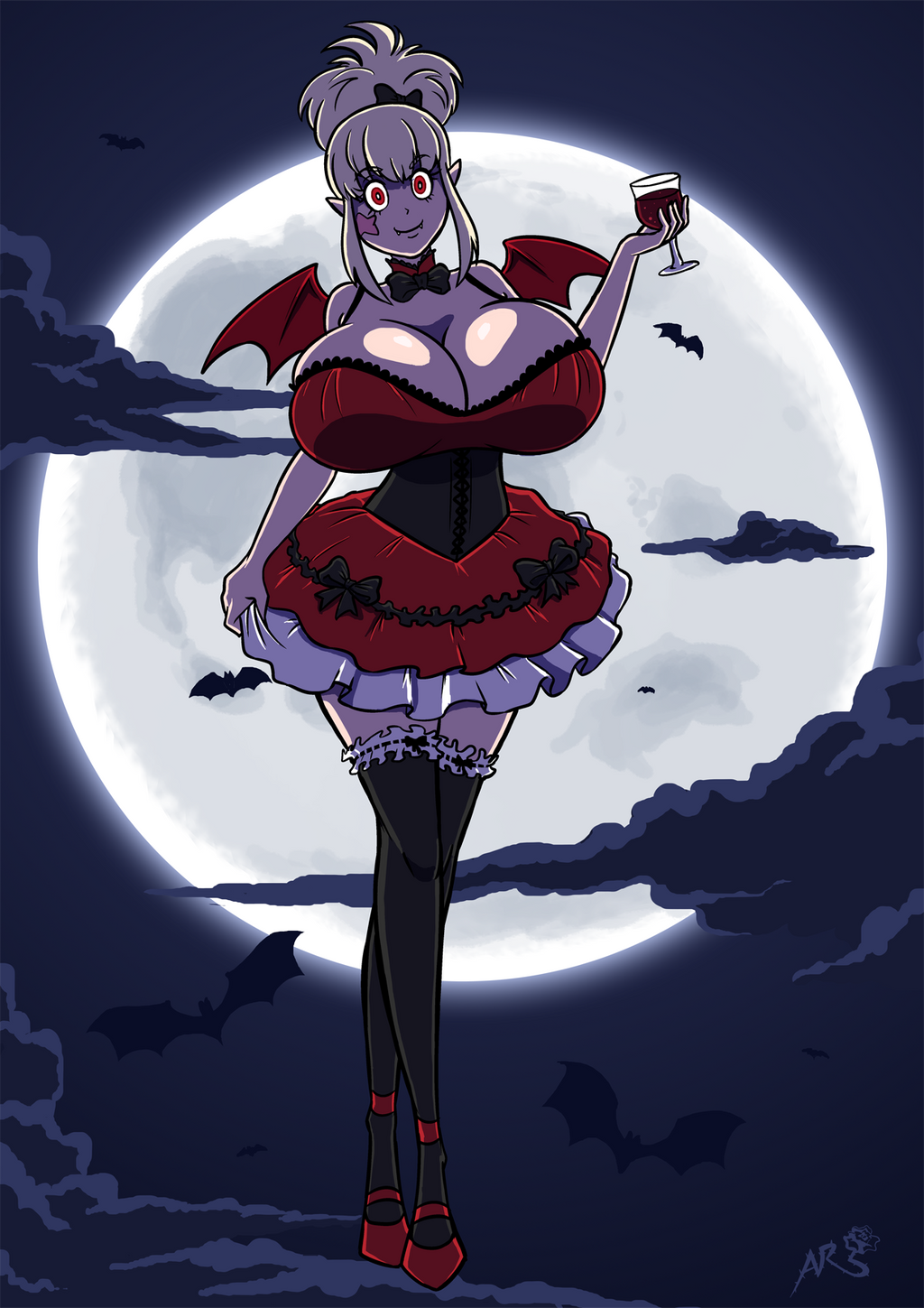 axel-rosered cleavage huge_breasts moon original original_character sky tight_clothing vampire