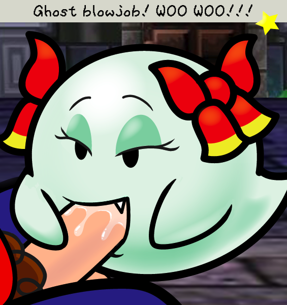 boo_(mario) clothing fangs fellatio ghost half-closed_eyes lady_bow mario mario_(series) nintendo oral paint34 pants paper_mario pubes saliva smile spirit text video_games