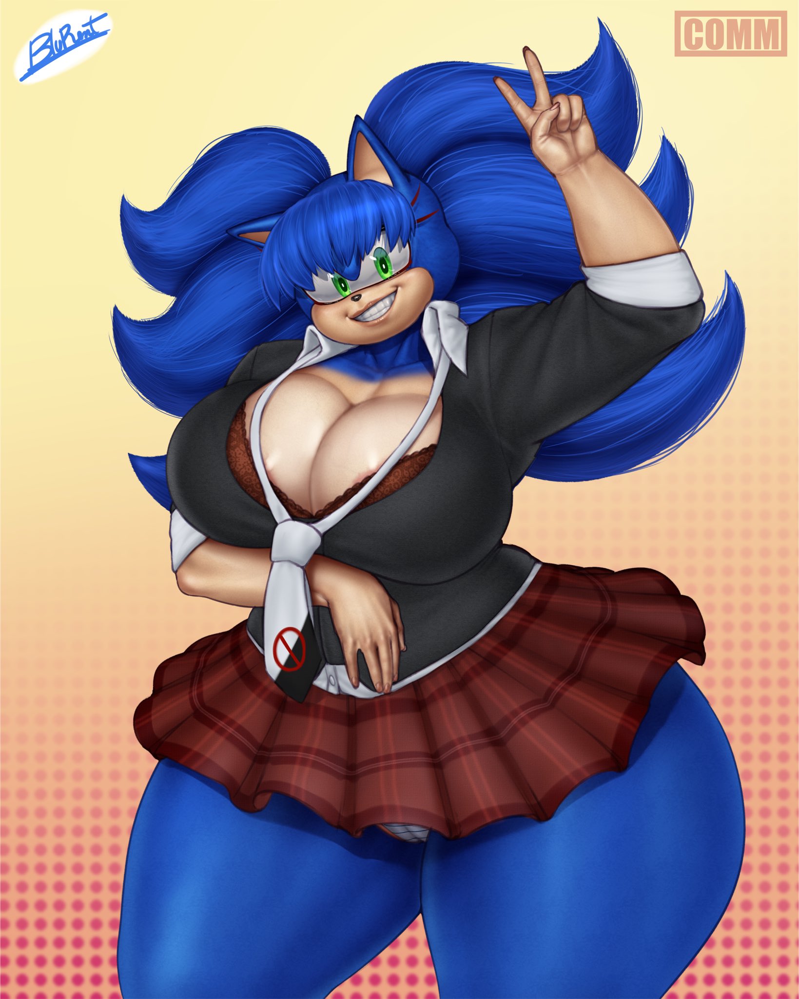 anthro, big breasts, blu rent, danganronpa, junko enoshima (cosplay), solo, sonic (series), sonic the hedgehog, sonic the hedgehog (series), sonko enoshima (corbyschmorby), tall female
