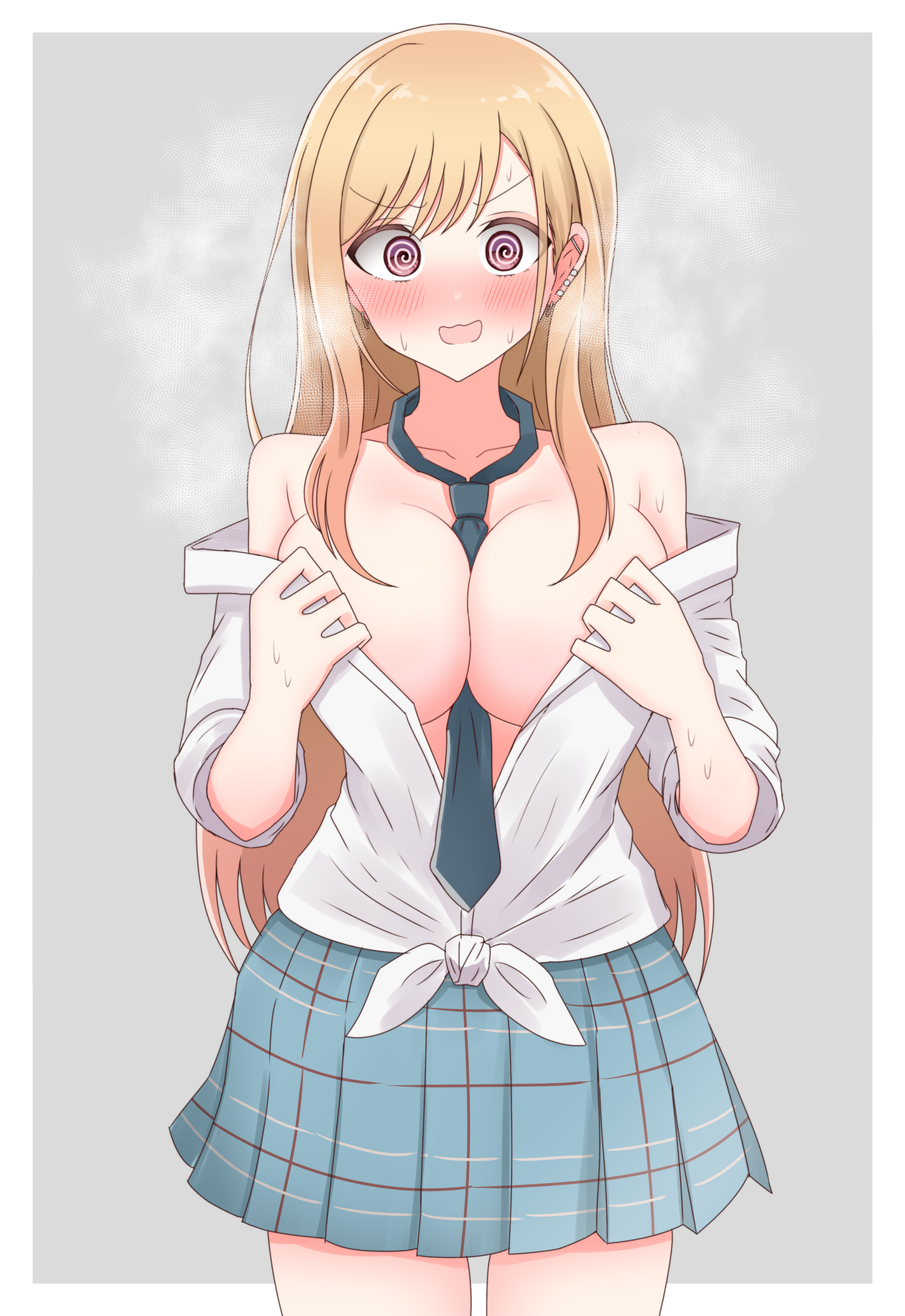 @ @, 1girls, anxious, blush, breasts, chiaki himanagi, cleavage, female, gyaru, huge breasts, kitagawa marin, looking at viewer, necktie between breasts, nervous, no bra, no bra under clothes, school uniform, shocked, shy, skirt, solo, solo female, solo focus, sono bisque doll wa koi wo suru, suprised, wavy mouth