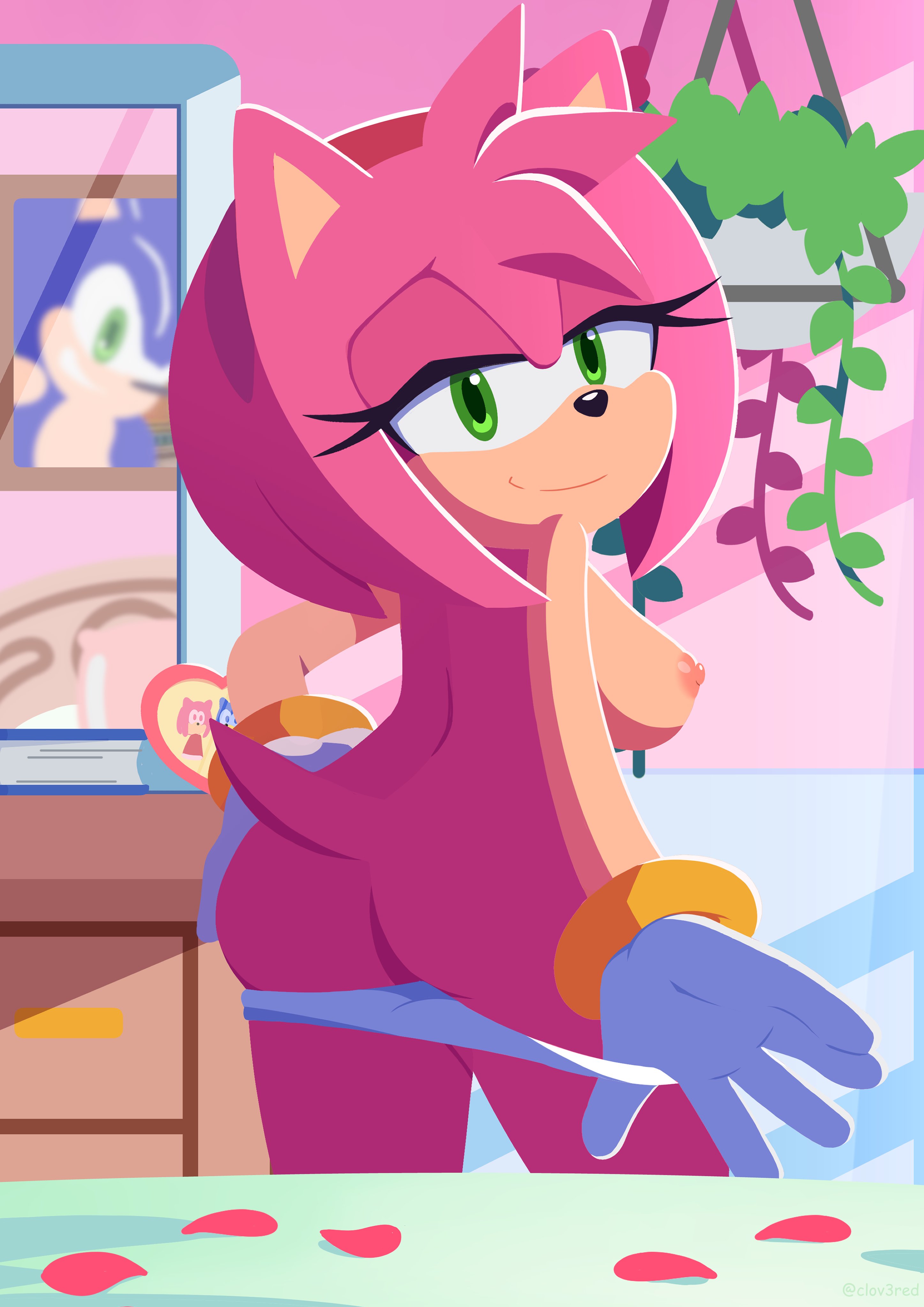 amy rose, apartment, ass, ass focus, back, bare back, bed, bedroom, blue fur, blue hair, book, clov3red, completely nude, desk, female, flower pot, from behind, gloves, green eyes, hairband, half-closed eyes, indoors, medium hair, mirror, naked, nude, panties, petite, picture, pillow, pink fur, pink hair, plant, sega, smile, solo, sonic (series), sonic adventure, sonic channel, spiked hair, teen, teen girl, teenage, teenage girl, teenager, white panties