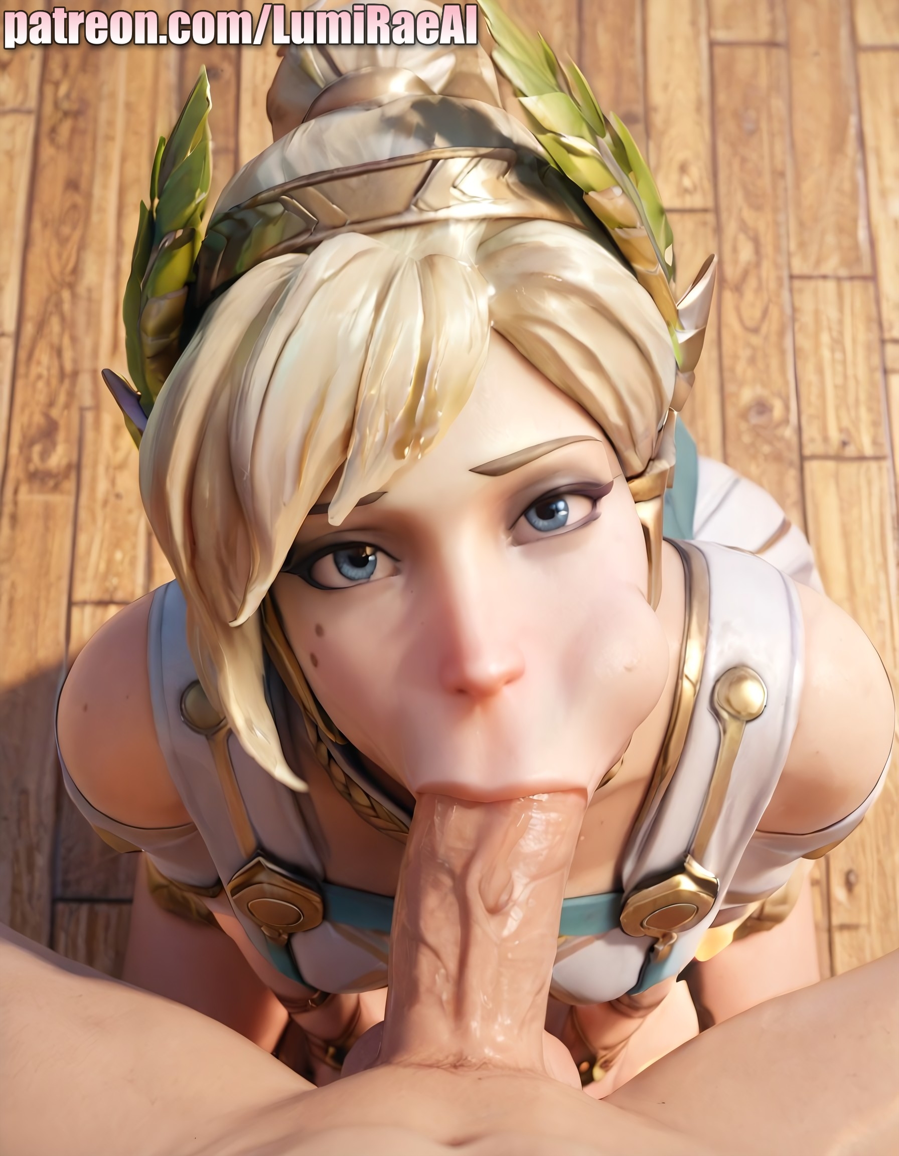 1boy, 1girls, ai generated, balls, blonde hair, blowjob, blue eyes, cheek bulge, female, hair ornament, looking at viewer, lumirae, male, mercy, overwatch, patreon username, penis, pov, self upload, sitting, winged victory mercy