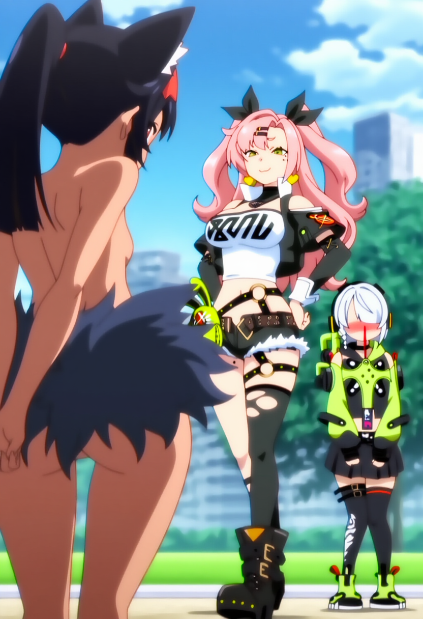 ai generated, anby demara, ass, blush, clothed female nude female, embarrassed, embarrassed nude female, female, nekomata, nekomiya mana, nicole demara, nosebleed, nude, outdoors, public, public nudity, zenless zone zero