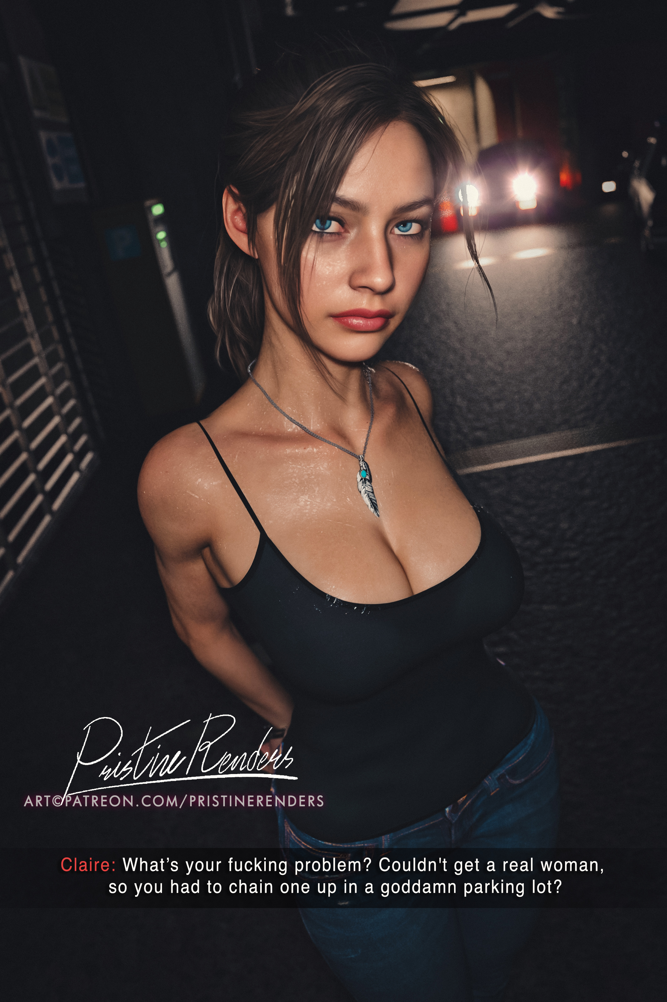 1girls, 3d, 3d (artwork), american, american female, big breasts, blue eyes, blue-eyed female, breasts, brown hair, brown-haired female, brunette hair, capcom, chained, chained up, claire redfield, clothed, clothed female, female, female focus, female only, imminent rape, imminent sex, large boobs, large breasts, light skin, light-skinned female, necklace, pov, pristinerenders, resident evil, resident evil 2, restrained, tied up, video game character