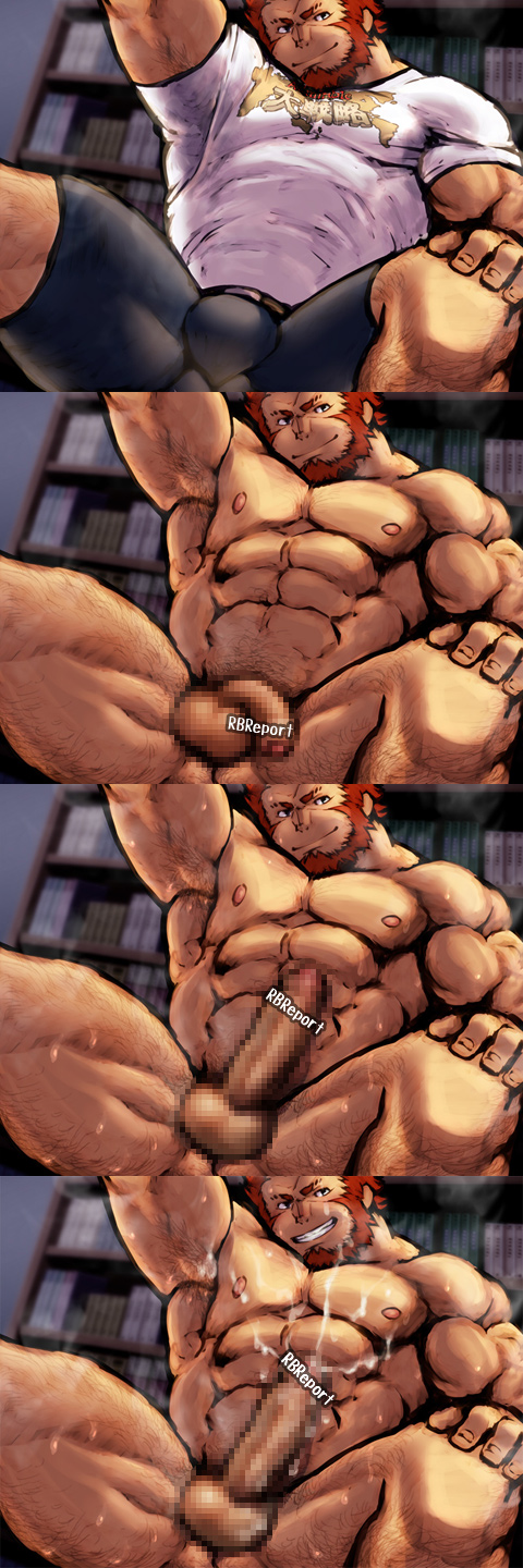 1boy abs bara boner bulge censored crotch cum erection fate/zero fate_(series) flaccid iskandar_(fate) male_only muscle naughty_face nude pecs red_hair redmoons solo undressing