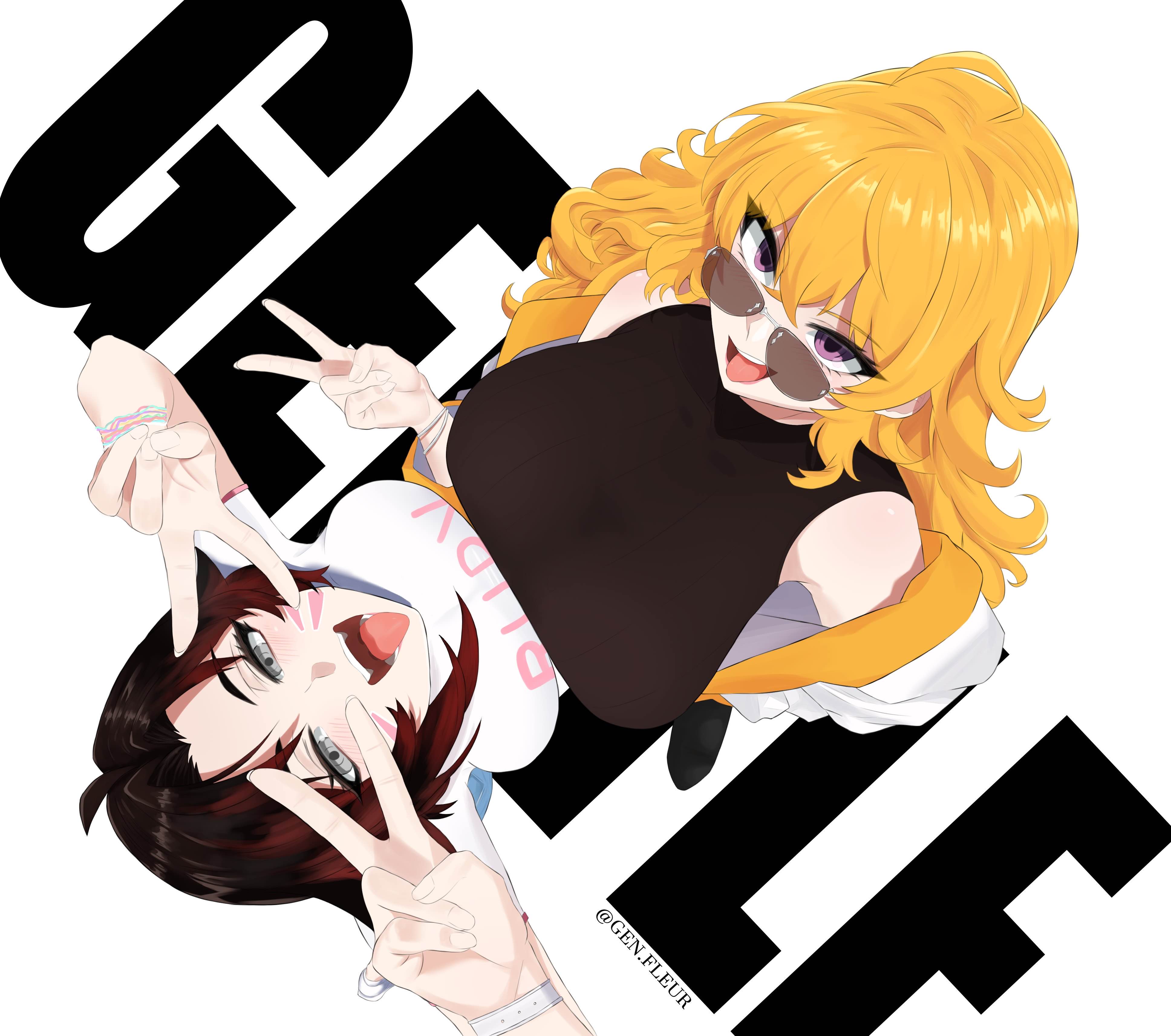 2girls, black hair, black-haired female, blonde female, blonde hair, breasts, breasts against breasts, clothed female, different breast sizes, female, female only, genfleur0108, half-siblings, half-sisters, long hair, long-haired female, multiple females, multiple girls, purple eyes, ruby rose, rwby, silver eyes, sisters, sunglasses, tongue, tongue out, yang xiao long
