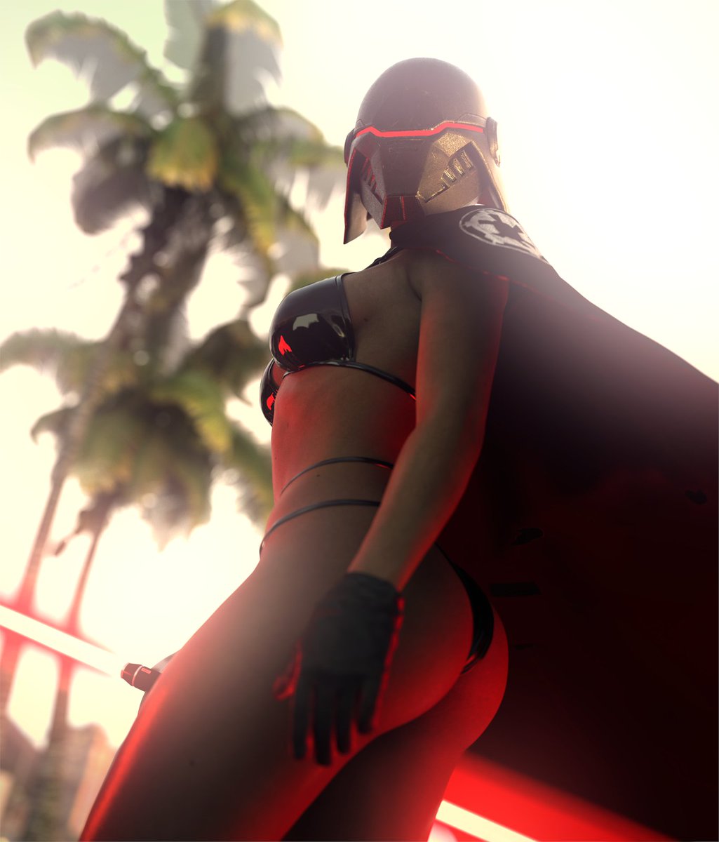 1female, 1girl, 1girls, 2025, 3d, ass, big ass, bikini, black bikini, cape, dark skin, dark-skinned female, dual-bladed lightsaber, female, female only, galactic empire insignia, helmet, helmet covering face, inquisitor (star wars), jedi: fallen order, lightsaber, red lightsaber, second sister, solo, solo female, solo focus, star wars, tagme, trilla suduri, wearing helmet, word2